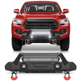Front Stubby Bumper Compatible for 2016 2017 2018 2019 2020 2021 2022 2023 Toyota Tacoma 3rd Gen with Winch Plate, Skid Plate, LED Lights & D-rings