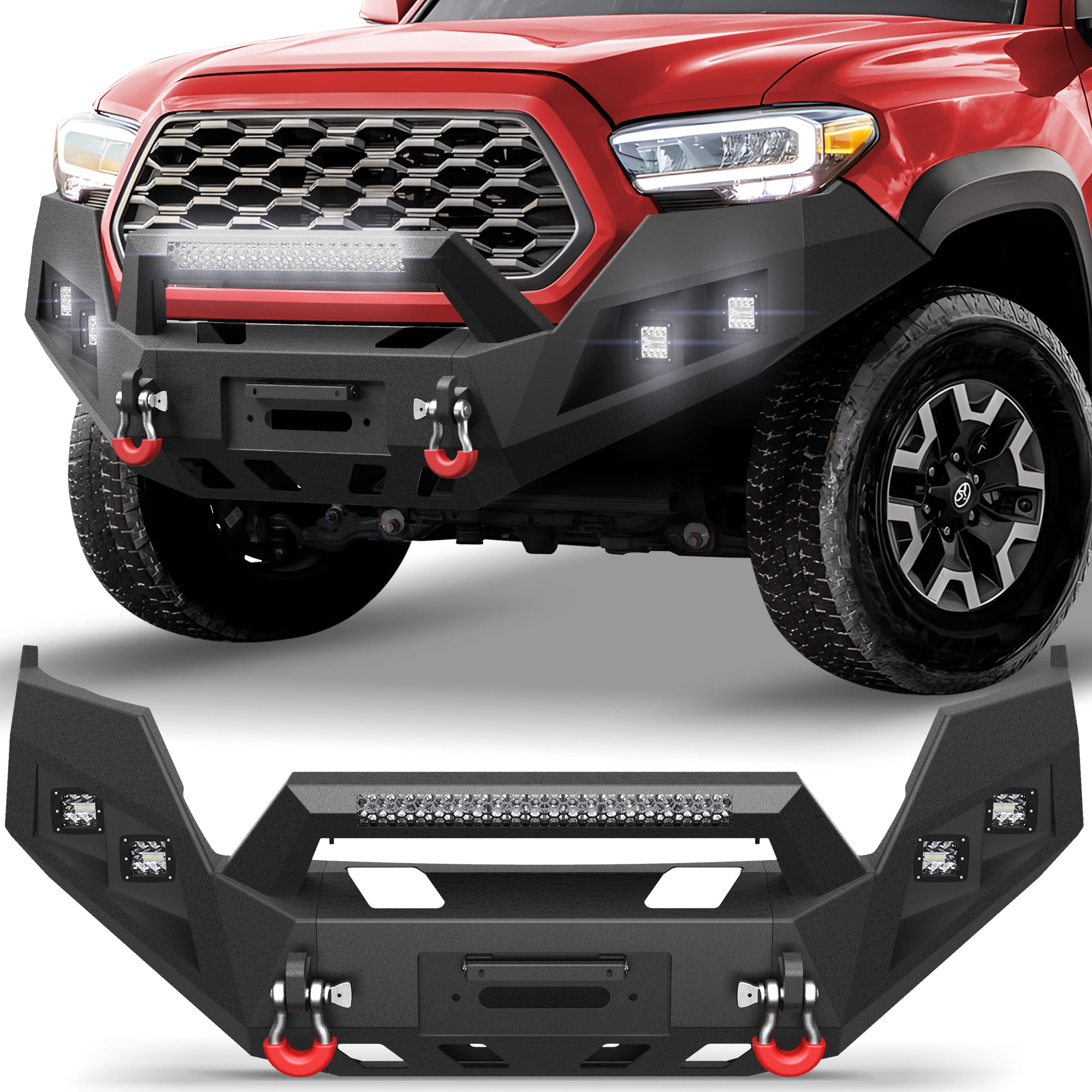 Tacoma Front Bumper Assembly Compatible with 2016-2017-2018-2019-2020-2021-2022-2023 Toyota Tacoma 3rd Gen w/LED Light & D-ring & Winch Plate