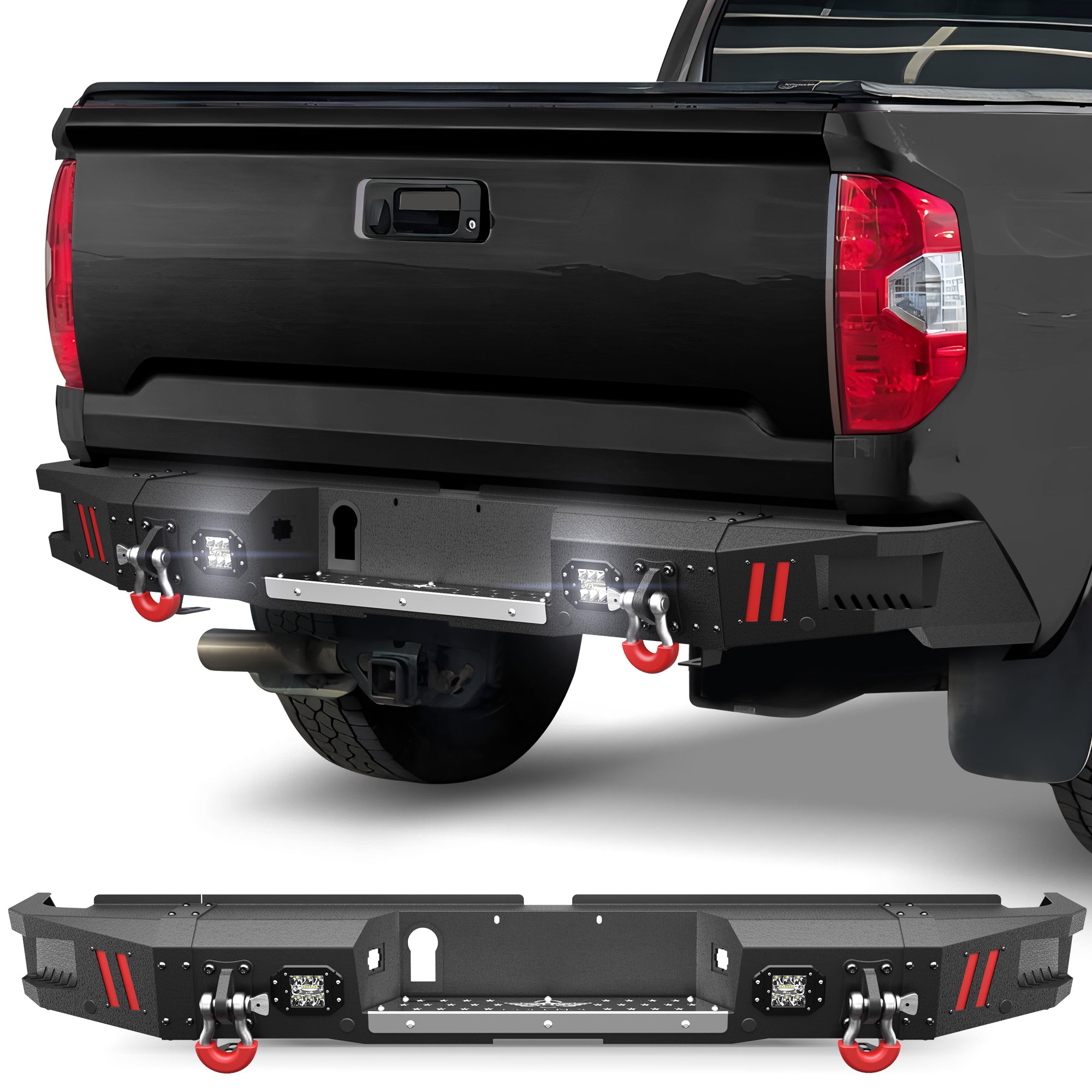 Rear Bumpers Compatible with 2014 2015 2016 2017 2018 2019 2020 2021 Toyota Tundra with Sensor Holes, LED Lights & D-rings