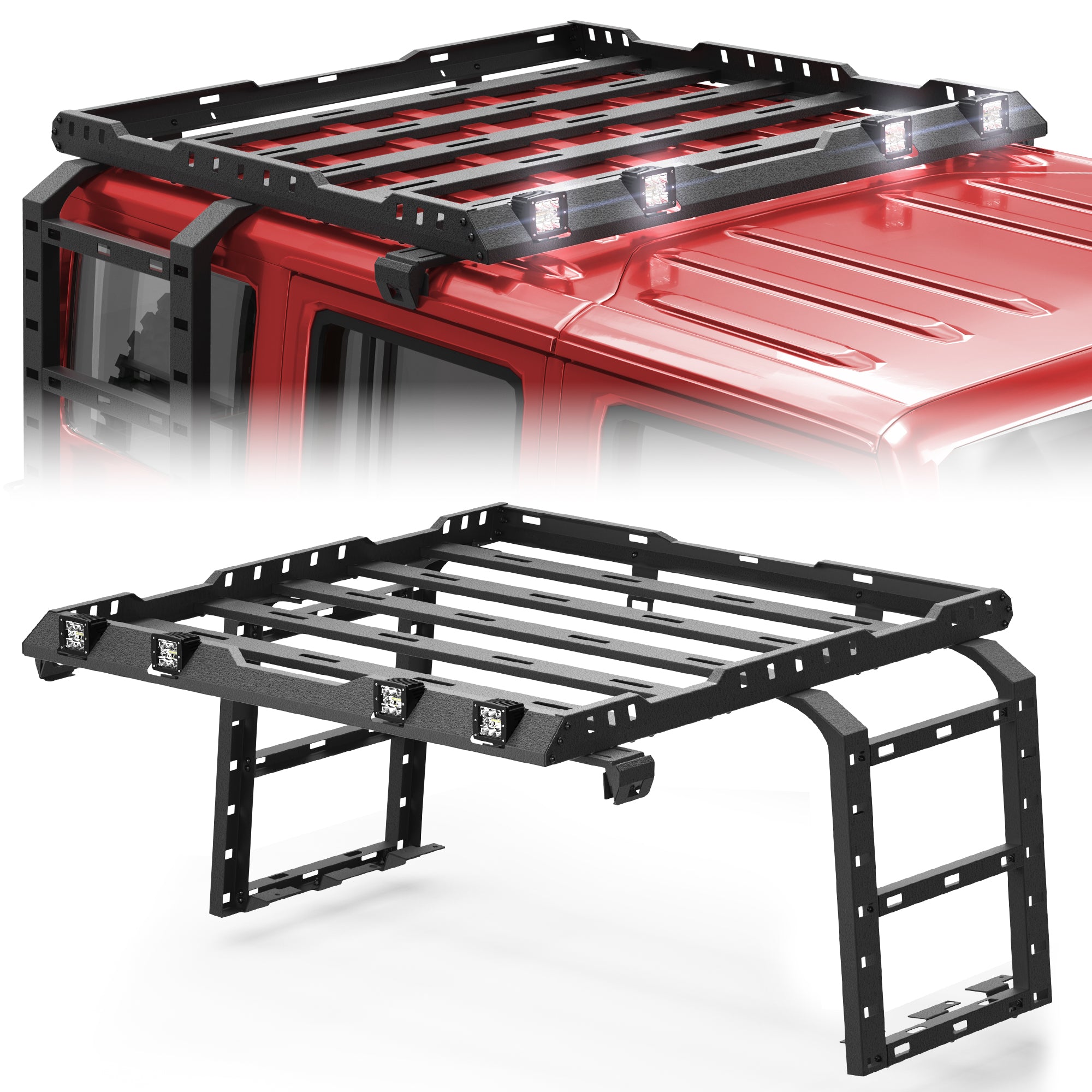 for JK Roof Rack Hard Top Cargo Basket with Ladder & 4 LED Lights Compatible with 2007-2018 Jeep Wrangler JK JKU Unlimited 4 Doors