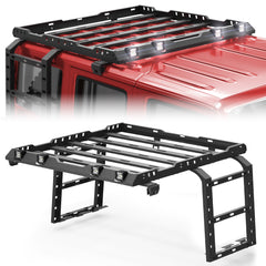 for JK Roof Rack Hard Top Cargo Basket with Ladder & 4 LED Lights Compatible with 2007-2018 Jeep Wrangler JK JKU Unlimited 4 Doors