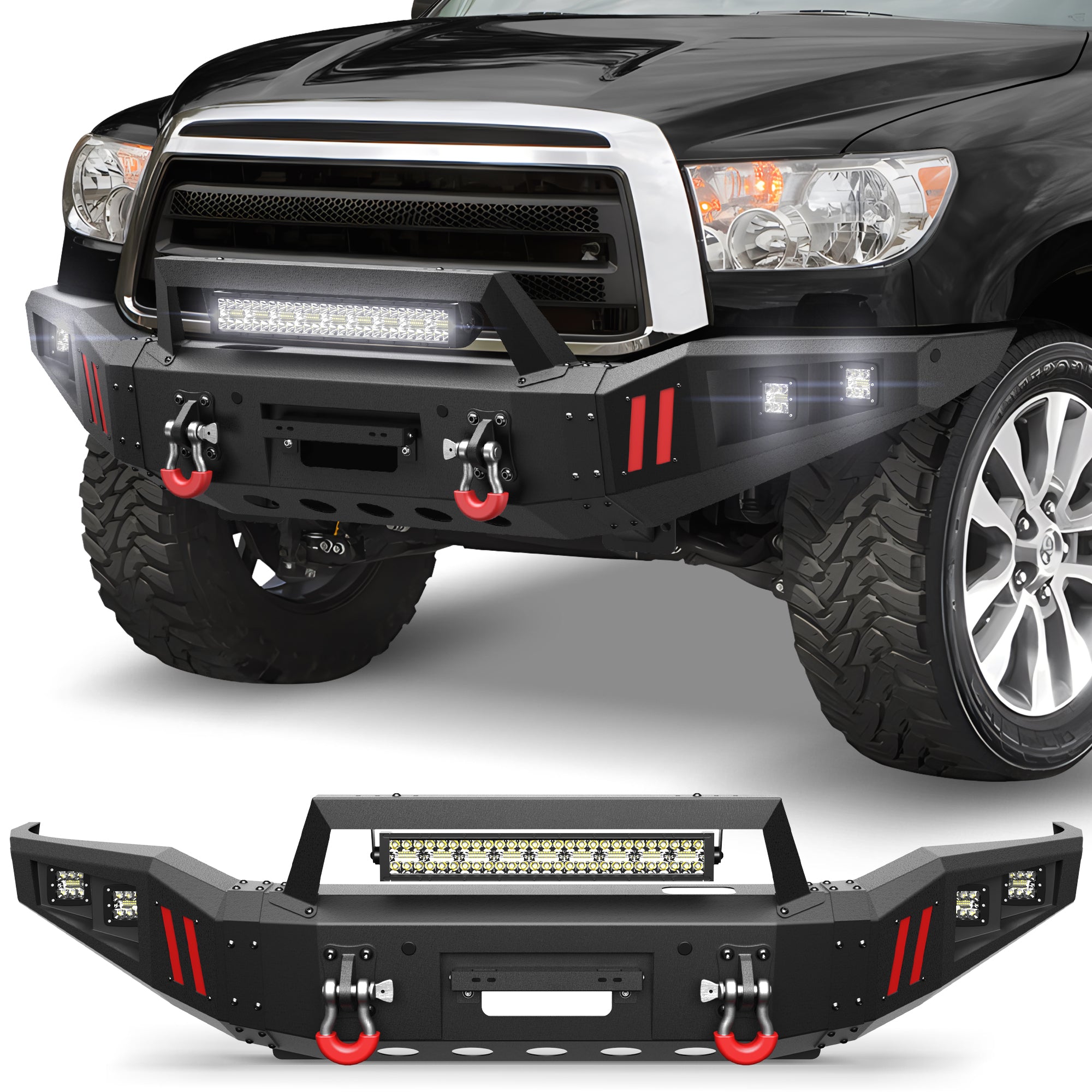 For 2007 - 2013 Toyota Tundra and 2011 - 2016 Toyota Sequoia Steel Front Bumper With Winch Plate&Lights (Black Texture) - Longsunmotor