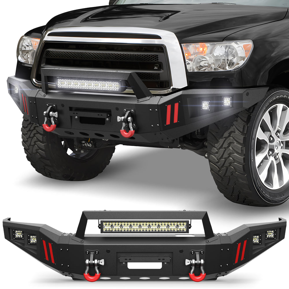 For 2007 - 2013 Toyota Tundra and 2011 - 2016 Toyota Sequoia Steel Front Bumper With Winch Plate&Lights (Black Texture) - Longsunmotor