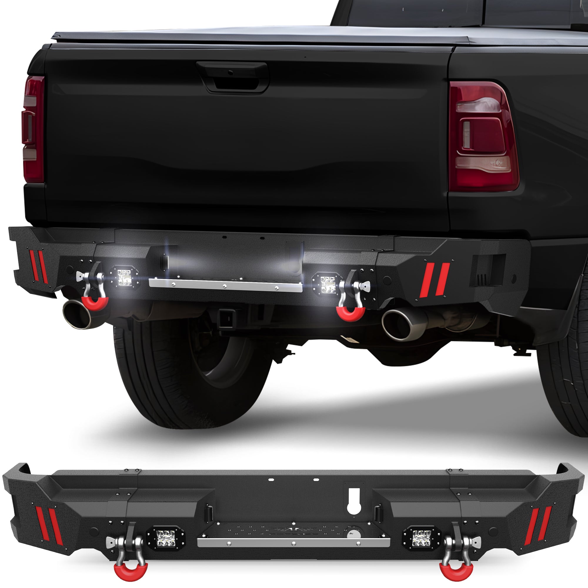Ram Rear Bumper for 2019 2020 2021 2022 2023 2024 2025 Ram 1500 Solid Steel Offroad Back Bumper w/LED Lights (Exclude Classic) - Longsunmotor