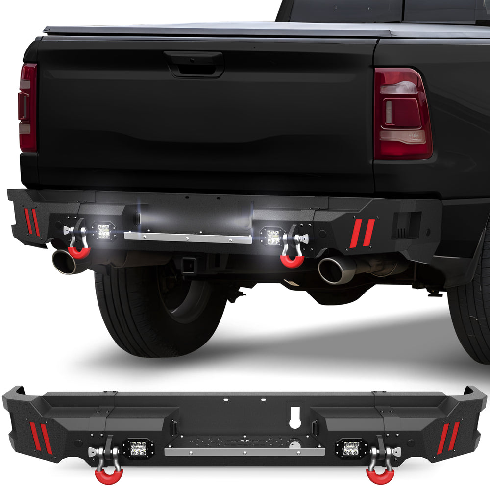 Ram Rear Bumper for 2019 2020 2021 2022 2023 2024 2025 Ram 1500 Solid Steel Offroad Back Bumper w/LED Lights (Exclude Classic) - Longsunmotor