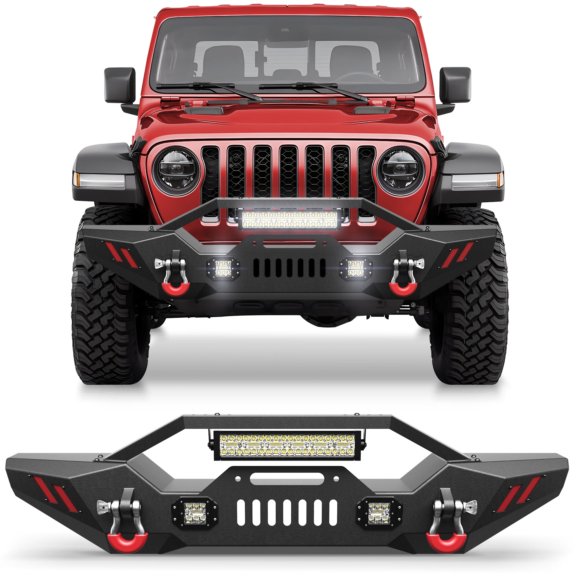 Front Bumper Compatible with 2007 - 2018 Jeep Wrangler JK JKU, 2019 - 2024 Jeep Wrangler JL/JLU & 2020 - 2024 Jeep Gladiator JT W/Winch Plate & Lights D - rings - Longsunmotor