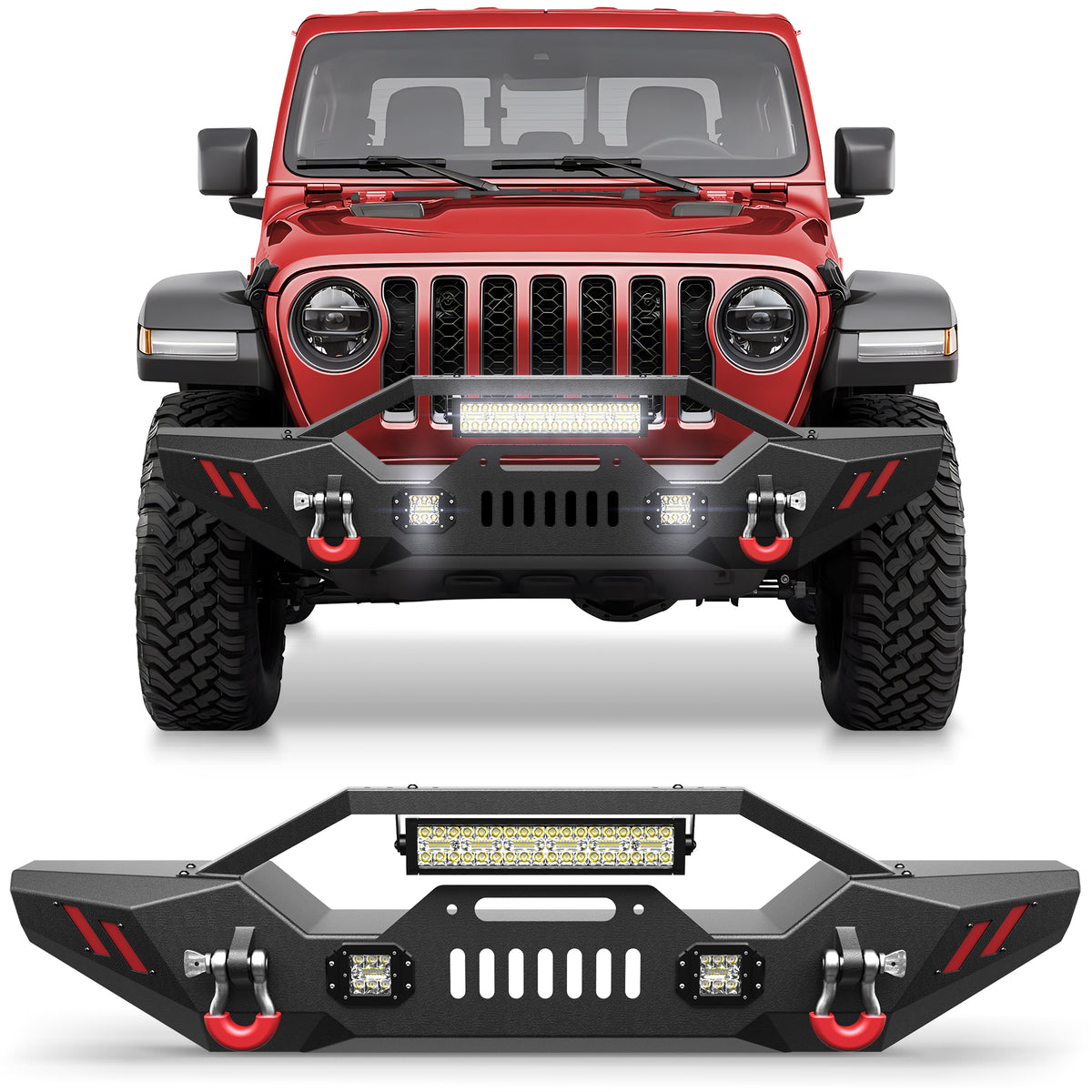 Front Bumper Compatible with 2007 - 2018 Jeep Wrangler JK JKU, 2019 - 2024 Jeep Wrangler JL/JLU & 2020 - 2024 Jeep Gladiator JT W/Winch Plate & Lights D - rings - Longsunmotor