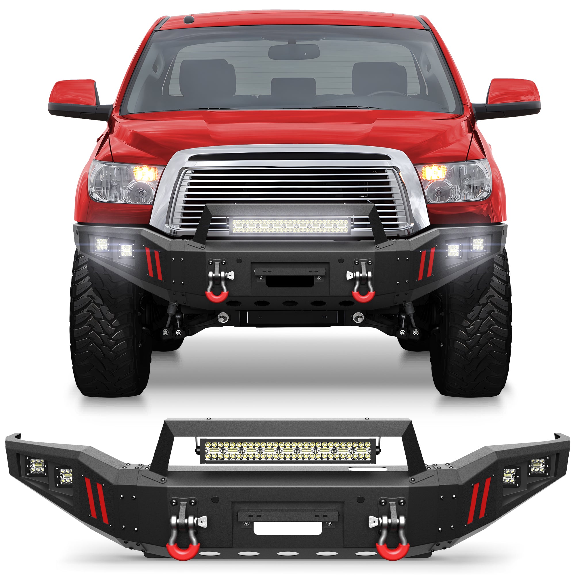 For 2007 - 2013 Toyota Tundra and 2011 - 2016 Toyota Sequoia Steel Front Bumper With Winch Plate&Lights (Black Texture) - Longsunmotor