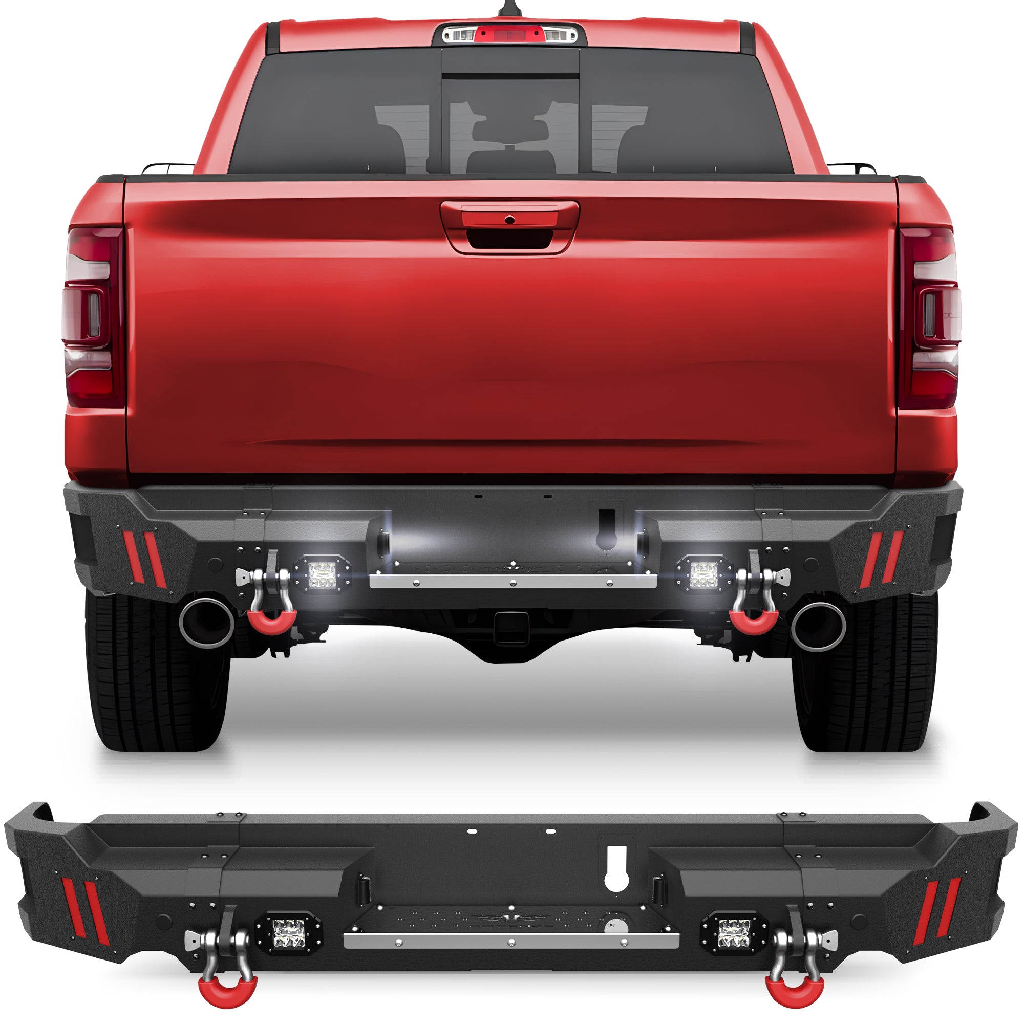 Ram Rear Bumper for 2019 2020 2021 2022 2023 2024 2025 Ram 1500 Solid Steel Offroad Back Bumper w/LED Lights (Exclude Classic) - Longsunmotor