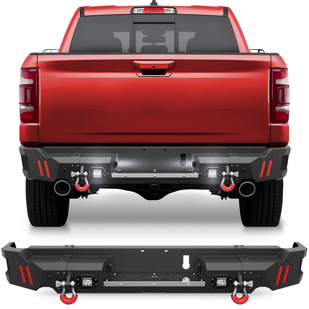 Ram Rear Bumper for 2019 2020 2021 2022 2023 2024 2025 Ram 1500 Solid Steel Offroad Back Bumper w/LED Lights (Exclude Classic) - Longsunmotor