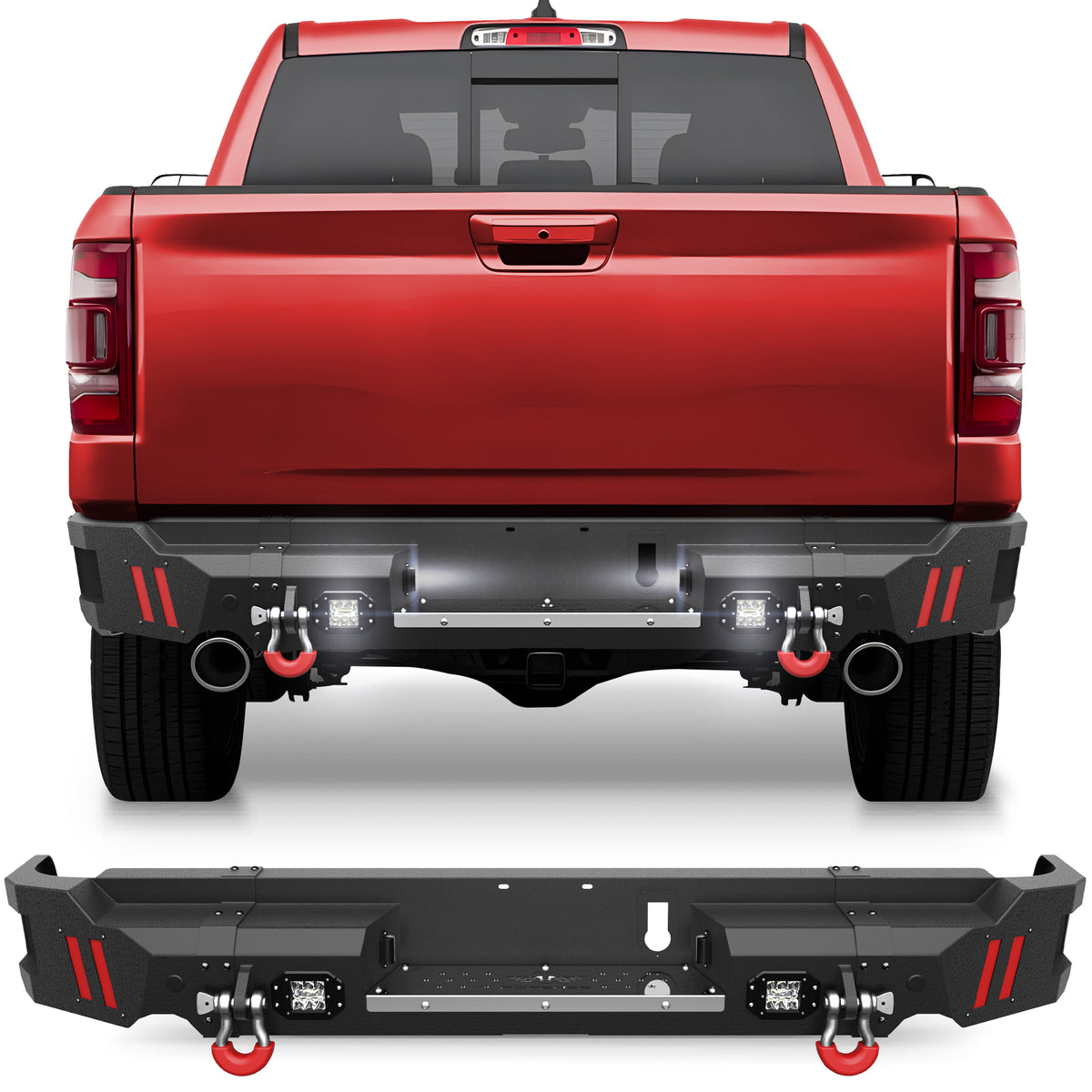 Ram Rear Bumper for 2019 2020 2021 2022 2023 2024 2025 Ram 1500 Solid Steel Offroad Back Bumper w/LED Lights (Exclude Classic) - Longsunmotor