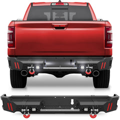 Ram Rear Bumper for 2019 2020 2021 2022 2023 2024 2025 Ram 1500 Solid Steel Offroad Back Bumper w/LED Lights (Exclude Classic) - Longsunmotor