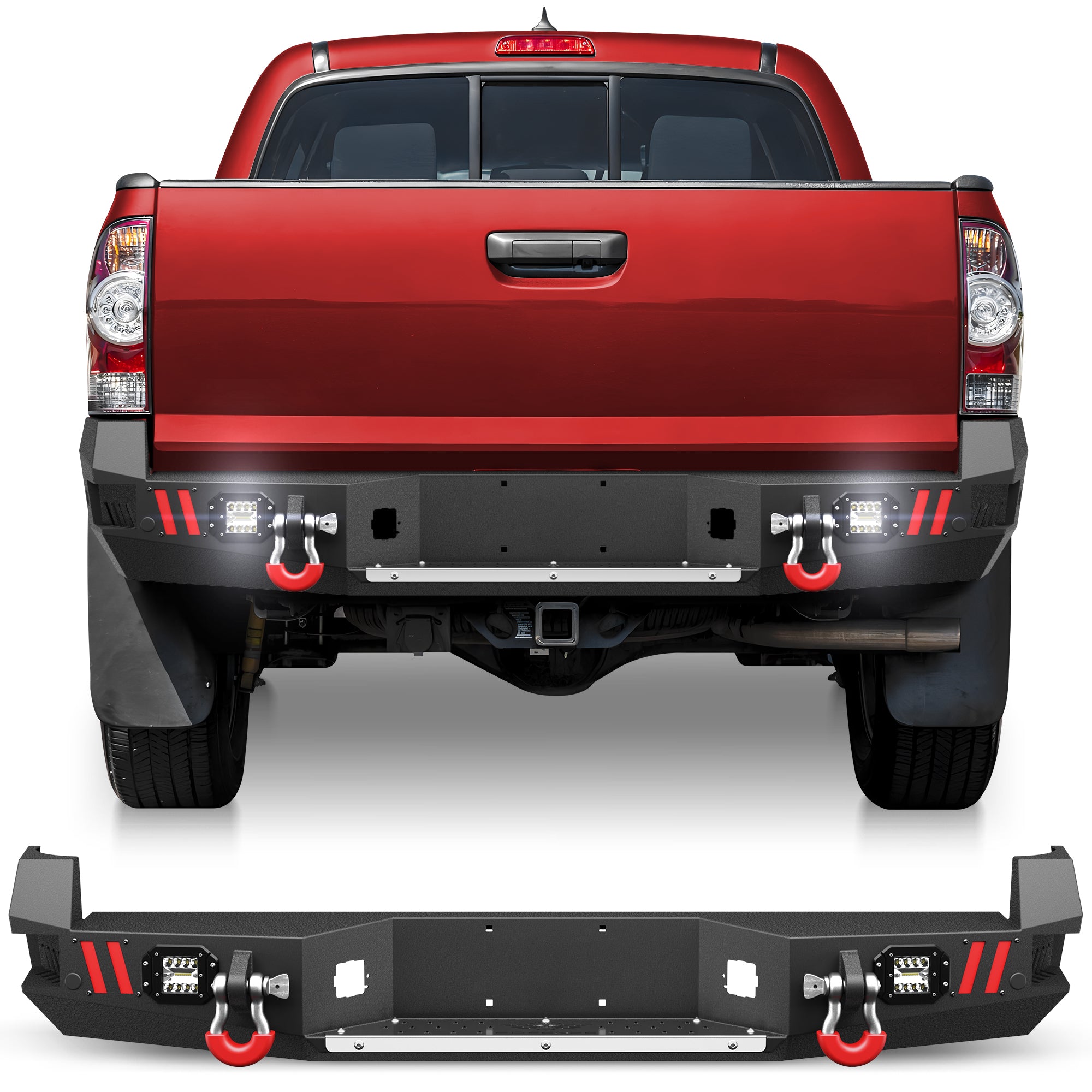 For 2005-2015 Toyota Tacoma 2nd Gen Steel New Rear Bumper With Lights & D-Rings (Black Texture)