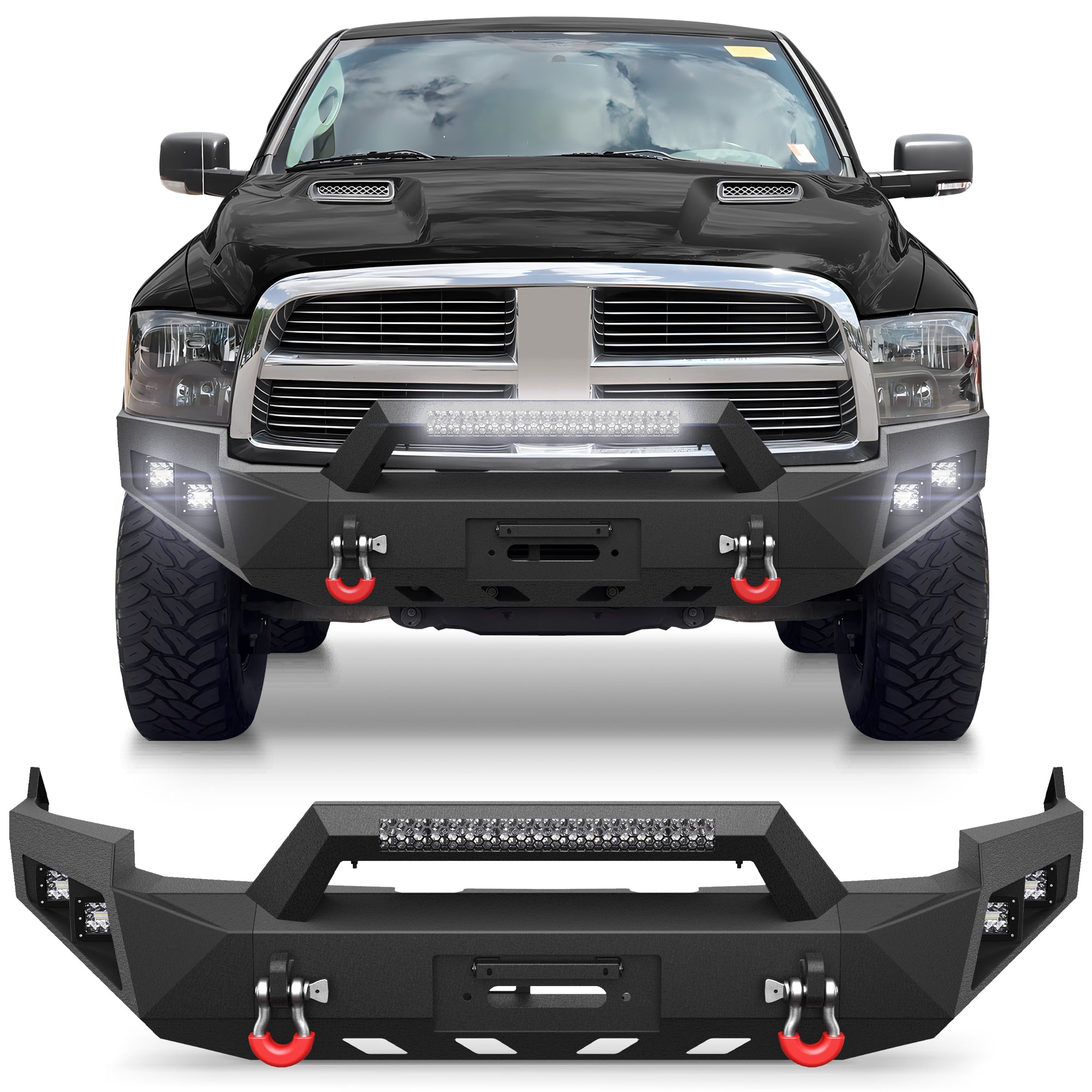 for Ram 1500 Front Bumper Compatible with 2009 2010 2011 2012 Dodge Ram 1500 Pickup Truck Bumper with Winch Plate, Sensor Holes & D-rings, Black