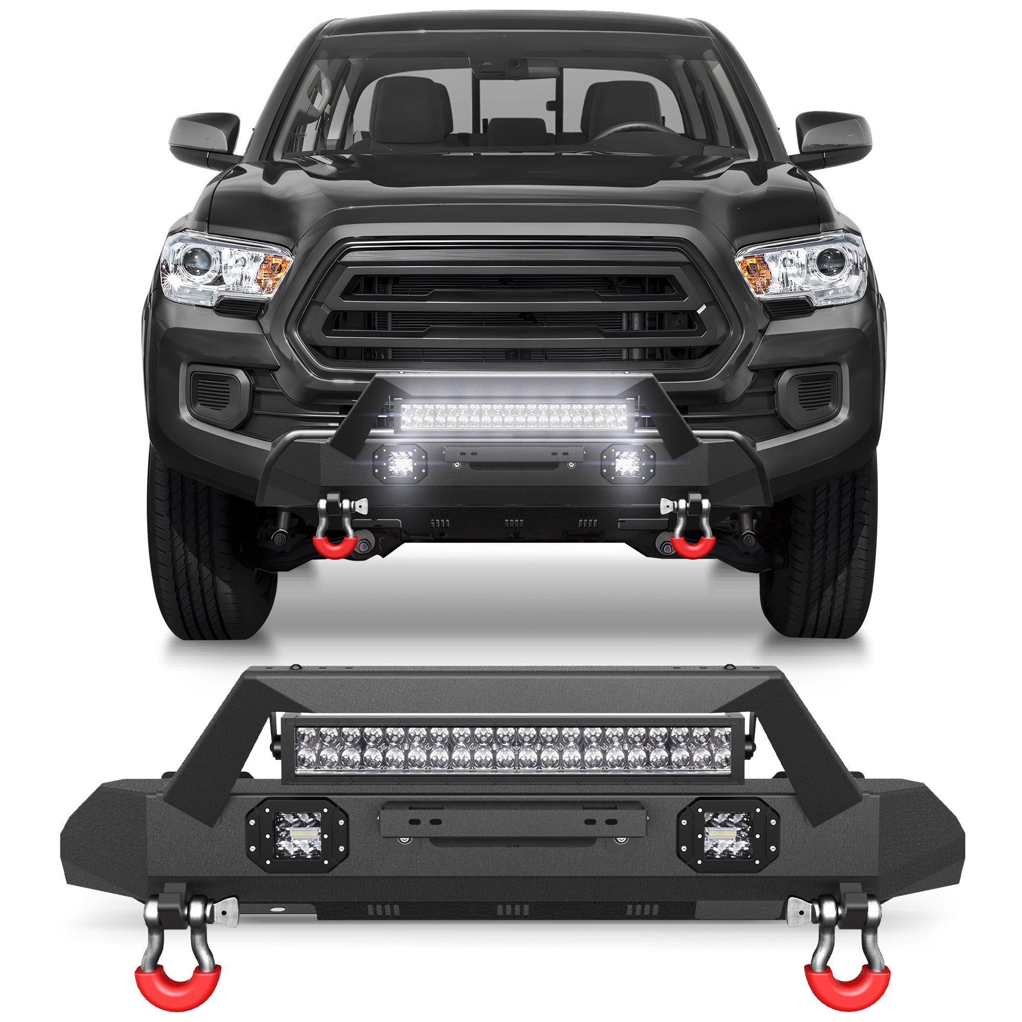 Front Stubby Bumper Compatible for 2016 2017 2018 2019 2020 2021 2022 2023 Toyota Tacoma 3rd Gen with Winch Plate, Skid Plate, LED Lights & D-rings