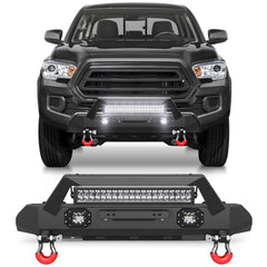 Front Stubby Bumper Compatible for 2016 2017 2018 2019 2020 2021 2022 2023 Toyota Tacoma 3rd Gen with Winch Plate, Skid Plate, LED Lights & D-rings