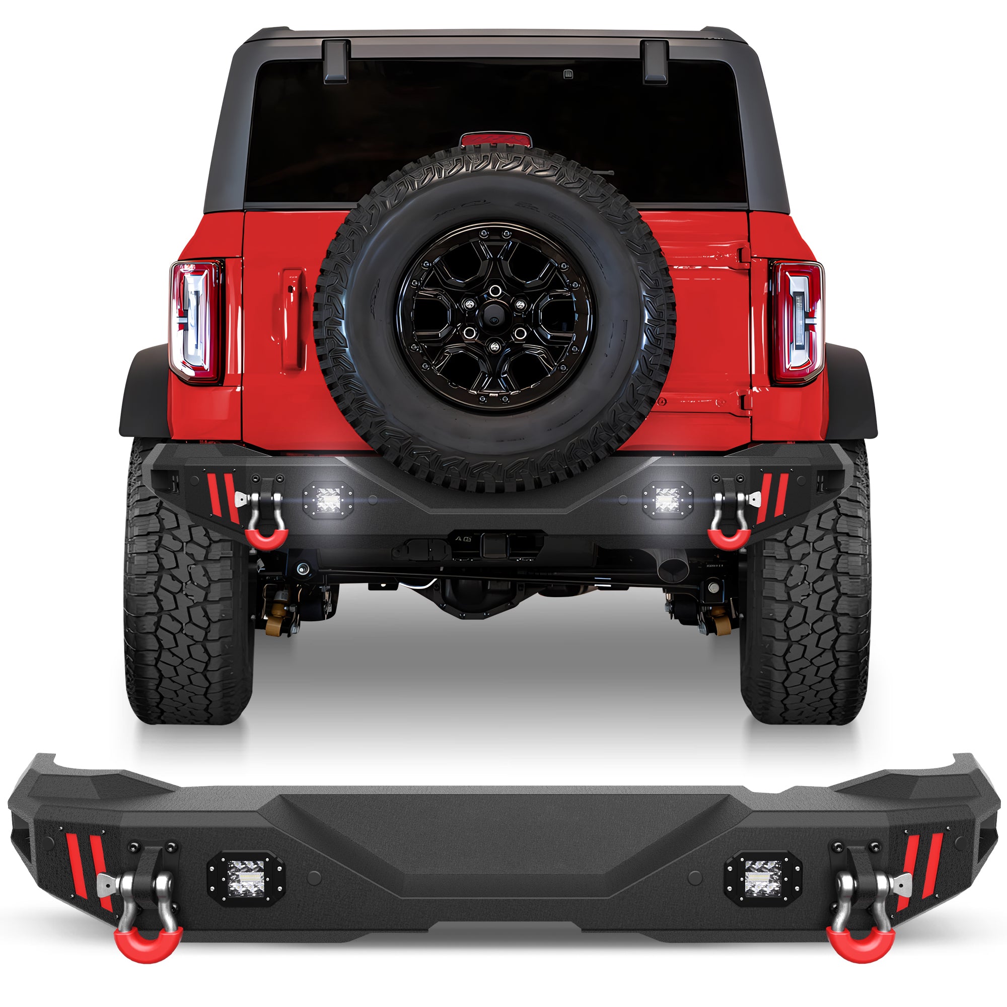 Off Road Bronco Rear Bumper Fit for Ford Bronco 2021 2022 2023 2024 2025 (Not for Sport or Raptor) Full Width Steel Rear Bumper with Lights and D-rings