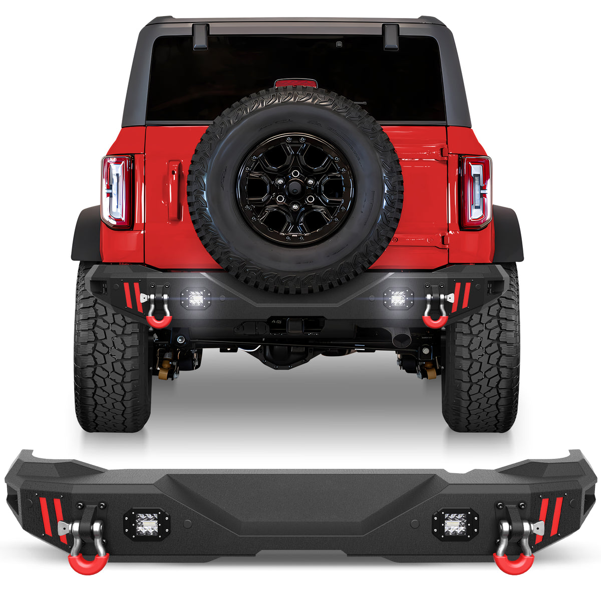 Off Road Bronco Rear Bumper Fit for Ford Bronco 2021 2022 2023 2024 2025 (Not for Sport or Raptor) Full Width Steel Rear Bumper with Lights and D-rings