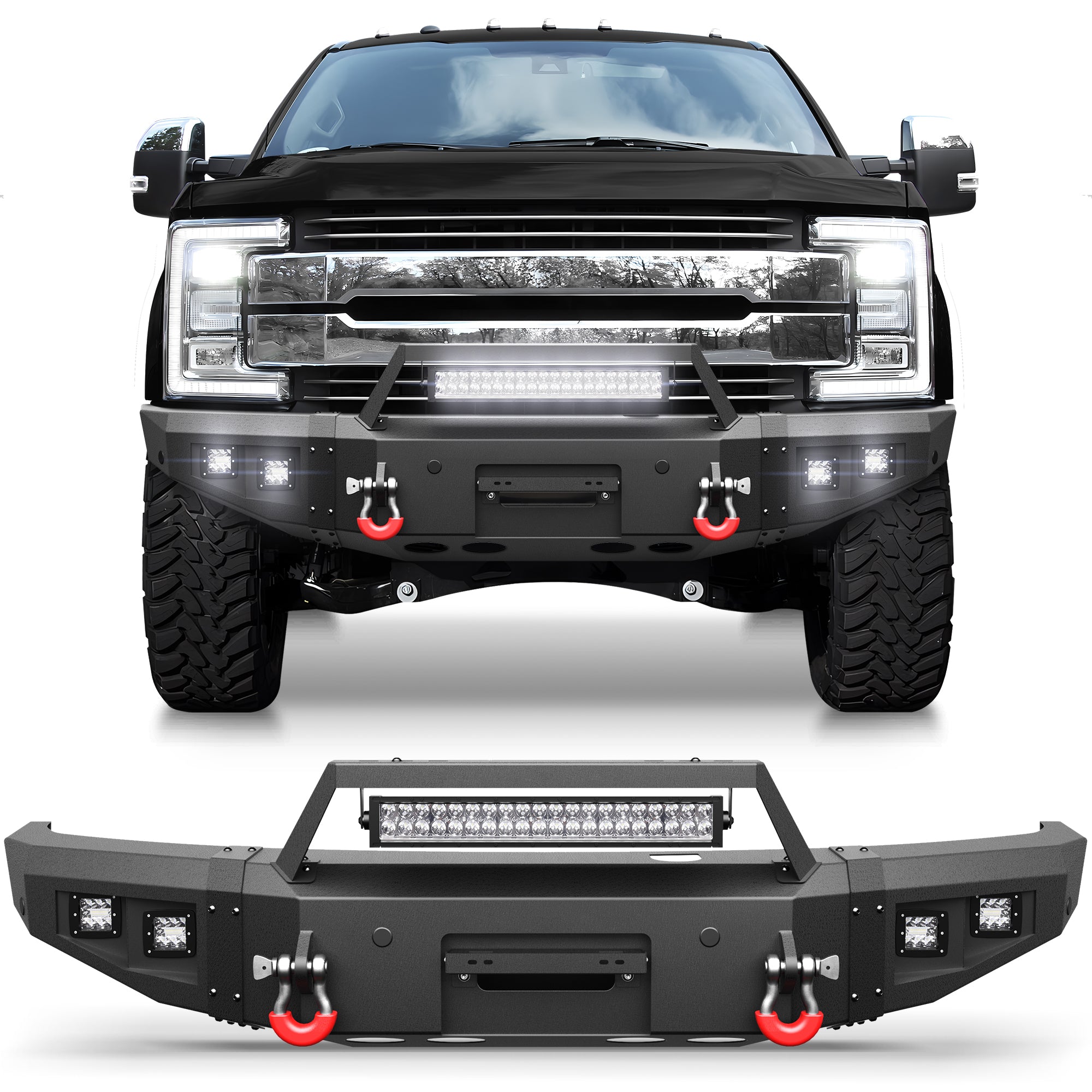 for F250 F350 F450 Front Bumper Compatible with 2017 2018 2019 2020 2021 2022 Ford F250 F350 F450 Super Duty with Winch Plate, LED Lights & D-rings, License Plate Bracket, Sensor Holes (Textured Black)
