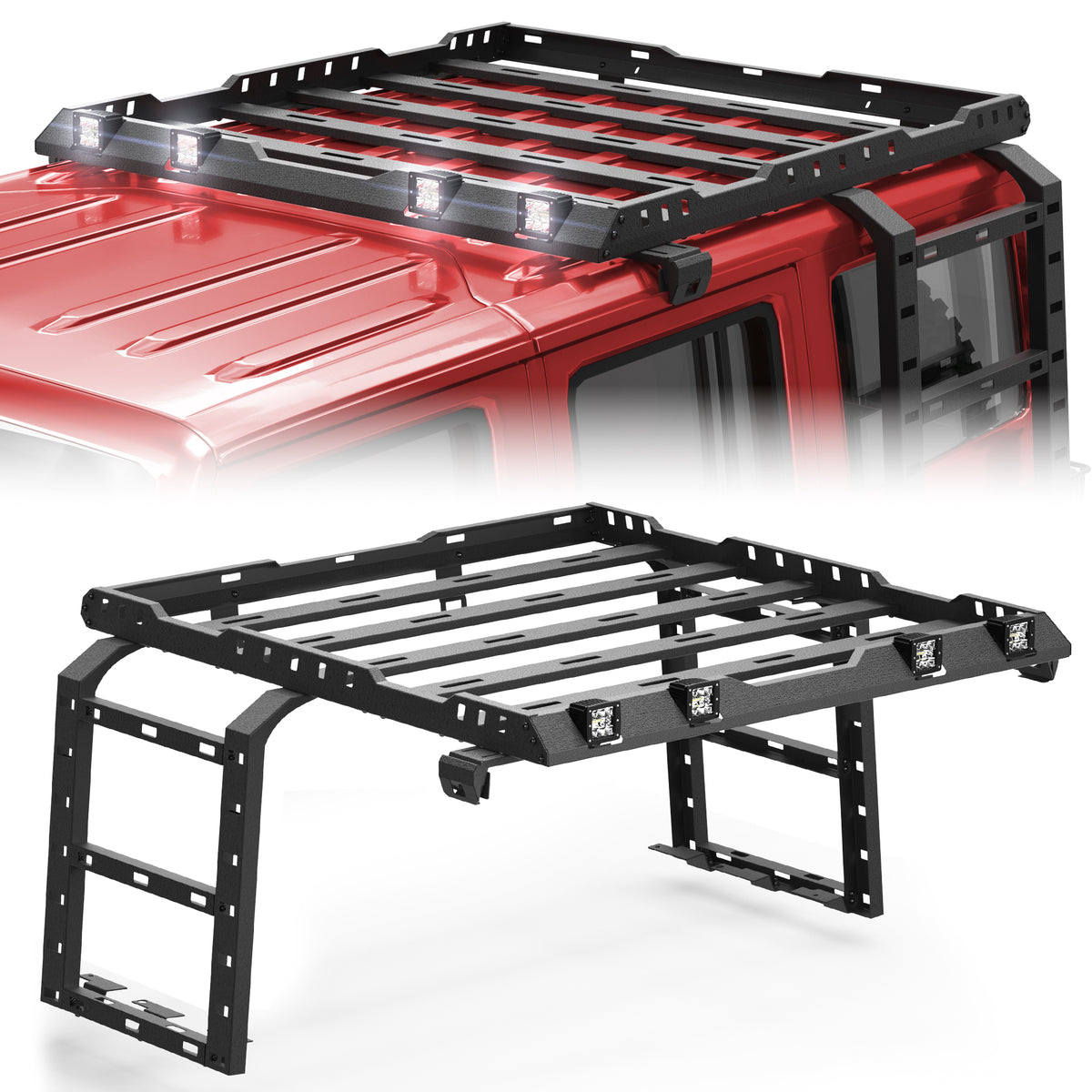 for JK Roof Rack Hard Top Cargo Basket with Ladder & 4 LED Lights Compatible with 2007-2018 Jeep Wrangler JK JKU Unlimited 4 Doors