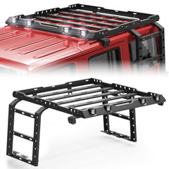 for JK Roof Rack Hard Top Cargo Basket with Ladder & 4 LED Lights Compatible with 2007-2018 Jeep Wrangler JK JKU Unlimited 4 Doors