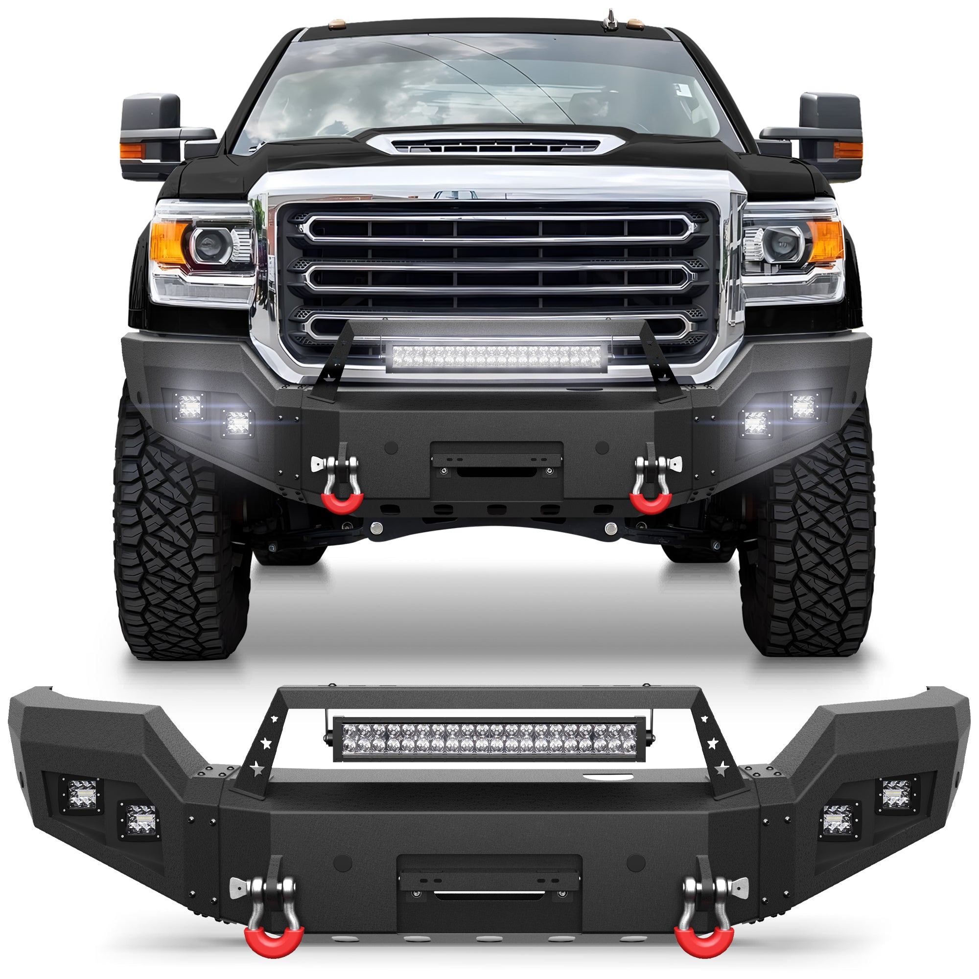 for Sierra 2500 3500 Front Bumper Compatible with 2015-2016-2017-2018-2019 GMC Sierra 2500 3500 HD Pickup Truck Bumper with Winch Plate, Lights, Sensor Holes, License Plate Bracket & D-rings