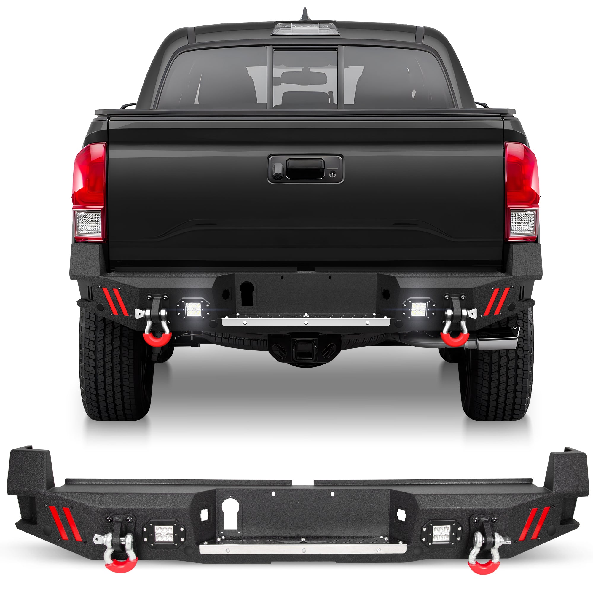 Tacoma Truck Rear Bumper Compatible with 2016-2023 Toyota Tacoma with Skid Plate, Lights & D-rings