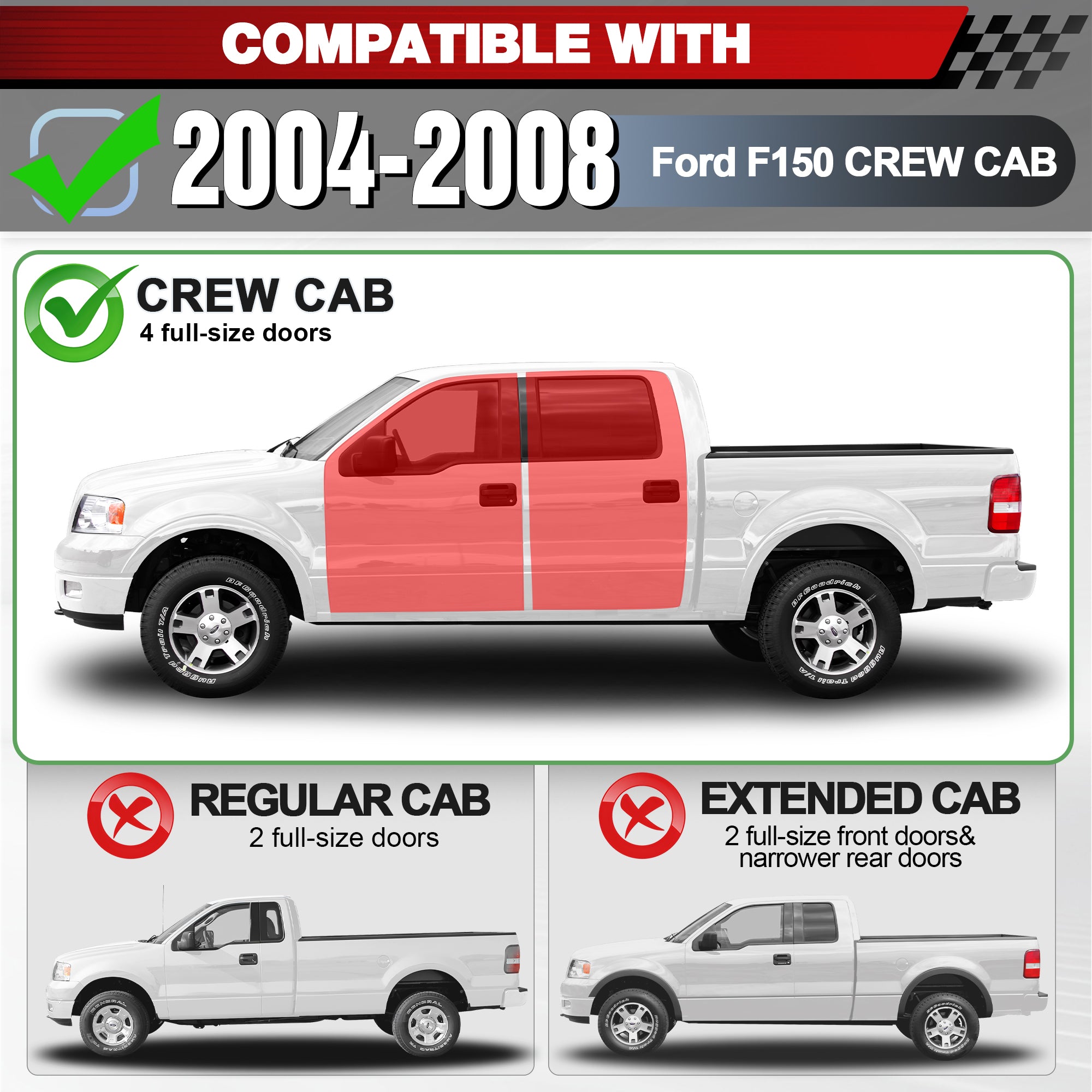 Running Boards Compatible with 2004 2005 2006 2007 2008 Ford F - 150 Crew Cab Black Nerf Bars - Longsunmotor