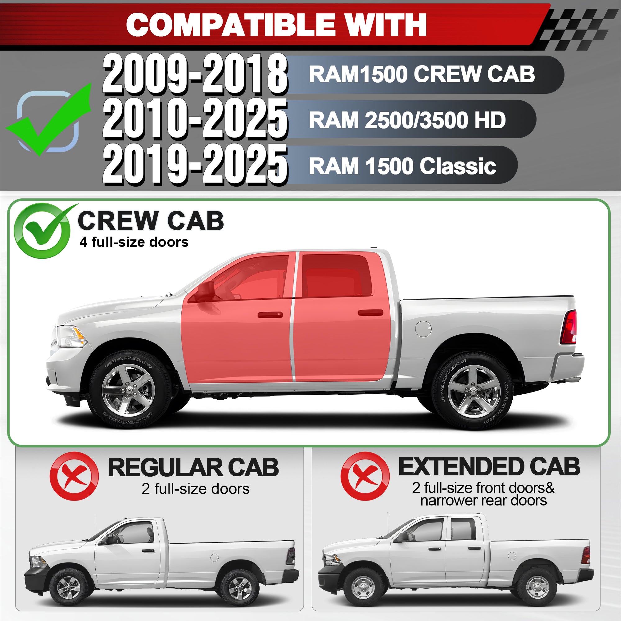 Running Boards Side Steps Compatible for 2009-2018 Dodge Ram 1500, 2019-2024 1500 Classic, 2010-2024 Dodge Ram 2500 & 3500 Crew Cab