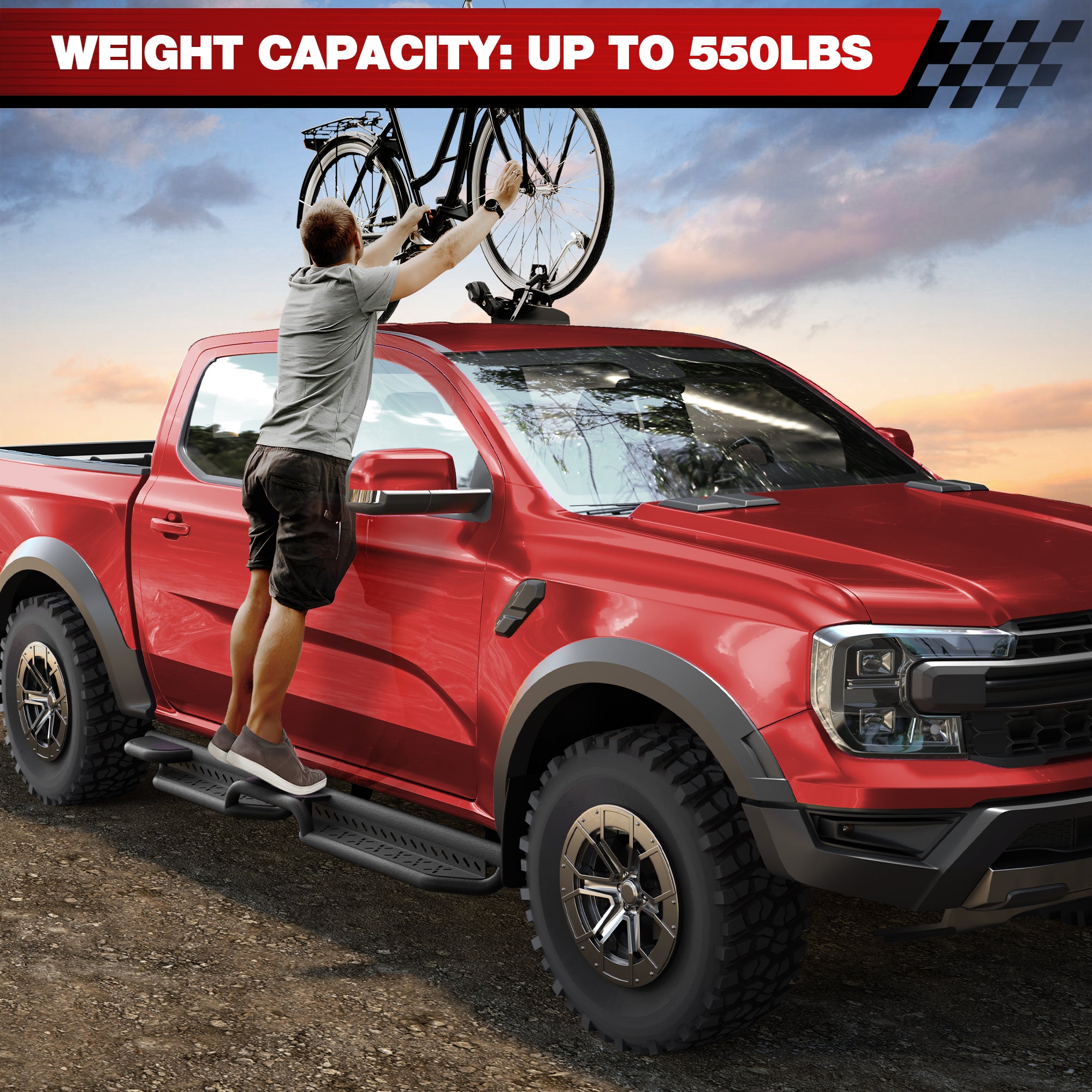 2019-2024 Ford Ranger Running Boards  Black Nerf Bars Powder-Coated Steel
