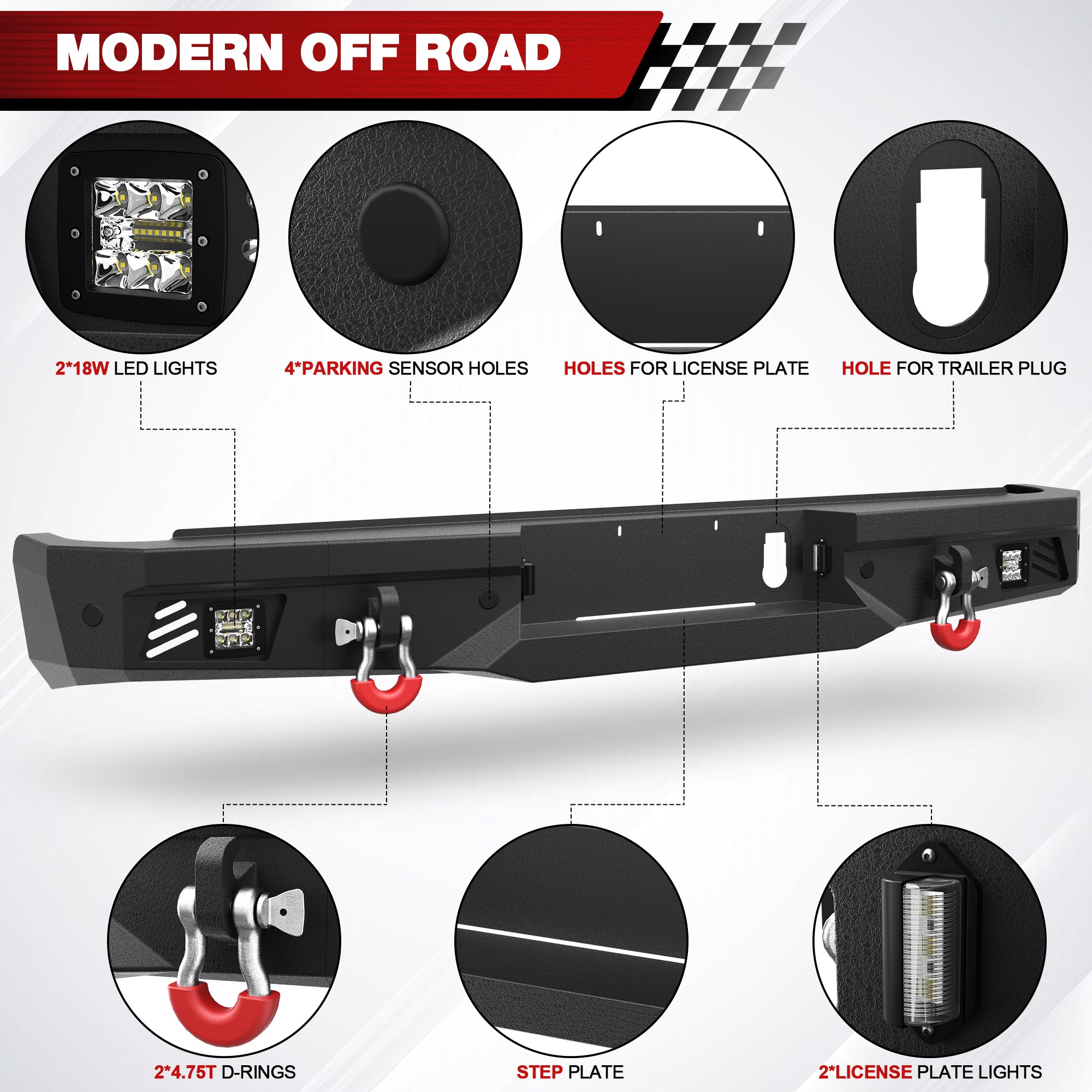 Off Road Rear Bumper Fit 2010-2018 Ram 2500 3500 Heavy Duty Bumper with Lights and D-rings