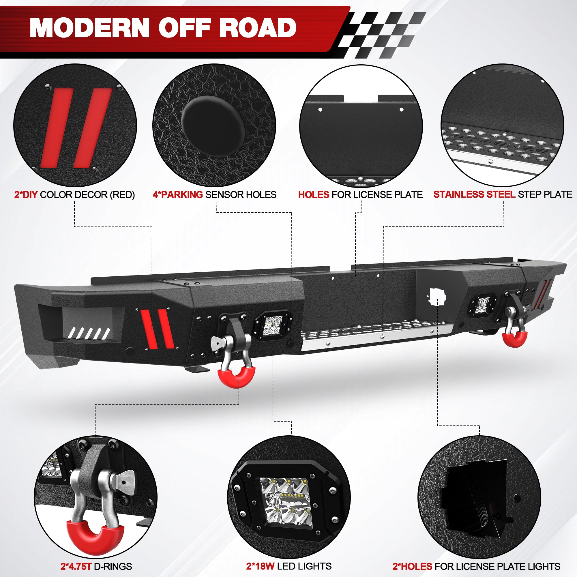 Off - road Tundra Rear Bumper Compatible with 2007 2008 2009 2010 2011 2012 2013 Toyota Tundra Pickup Truck Full Width Bumper - Longsunmotor
