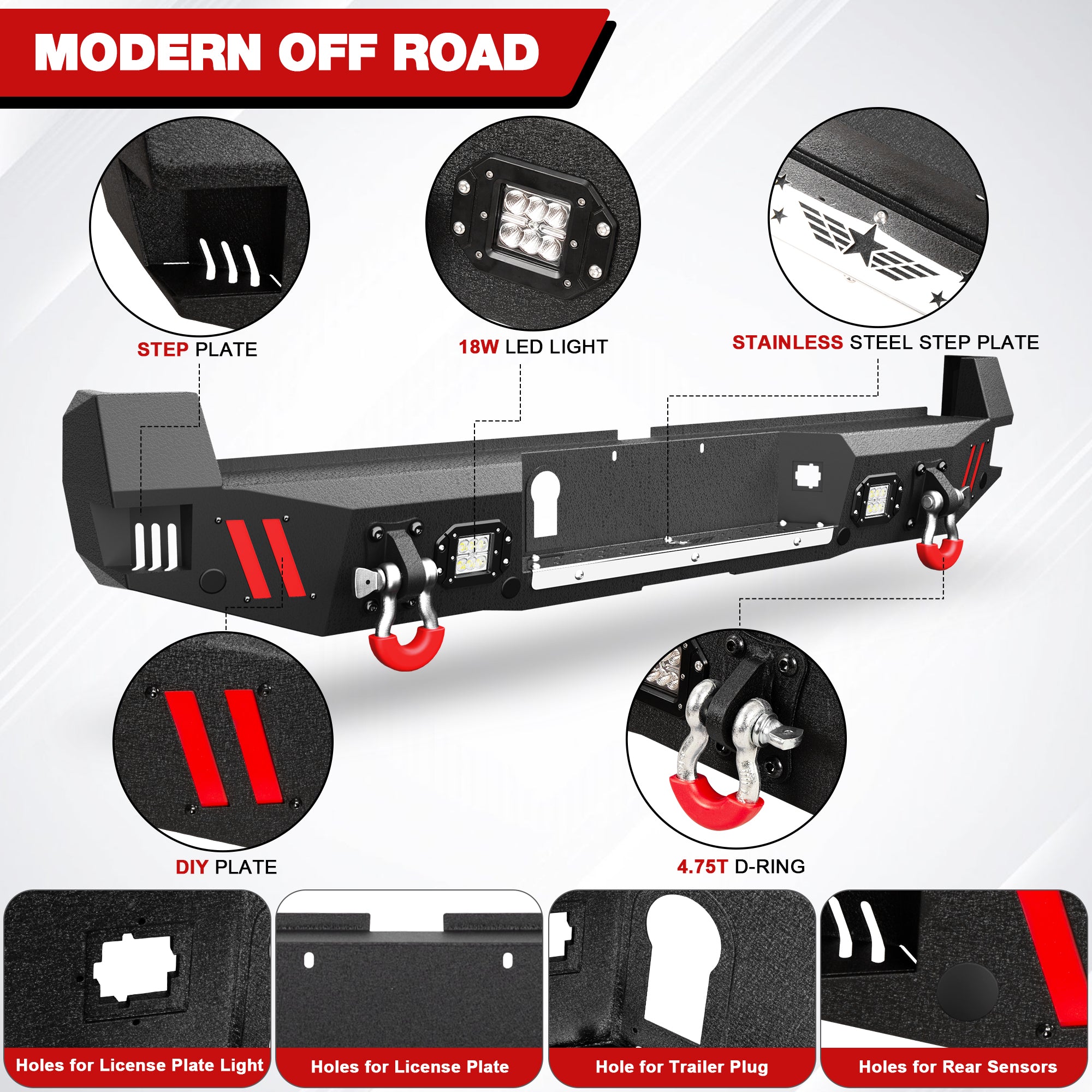 Tacoma Truck Rear Bumper Compatible with 2016-2023 Toyota Tacoma with Skid Plate, Lights & D-rings