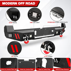 Tacoma Truck Rear Bumper Compatible with 2016-2023 Toyota Tacoma with Skid Plate, Lights & D-rings