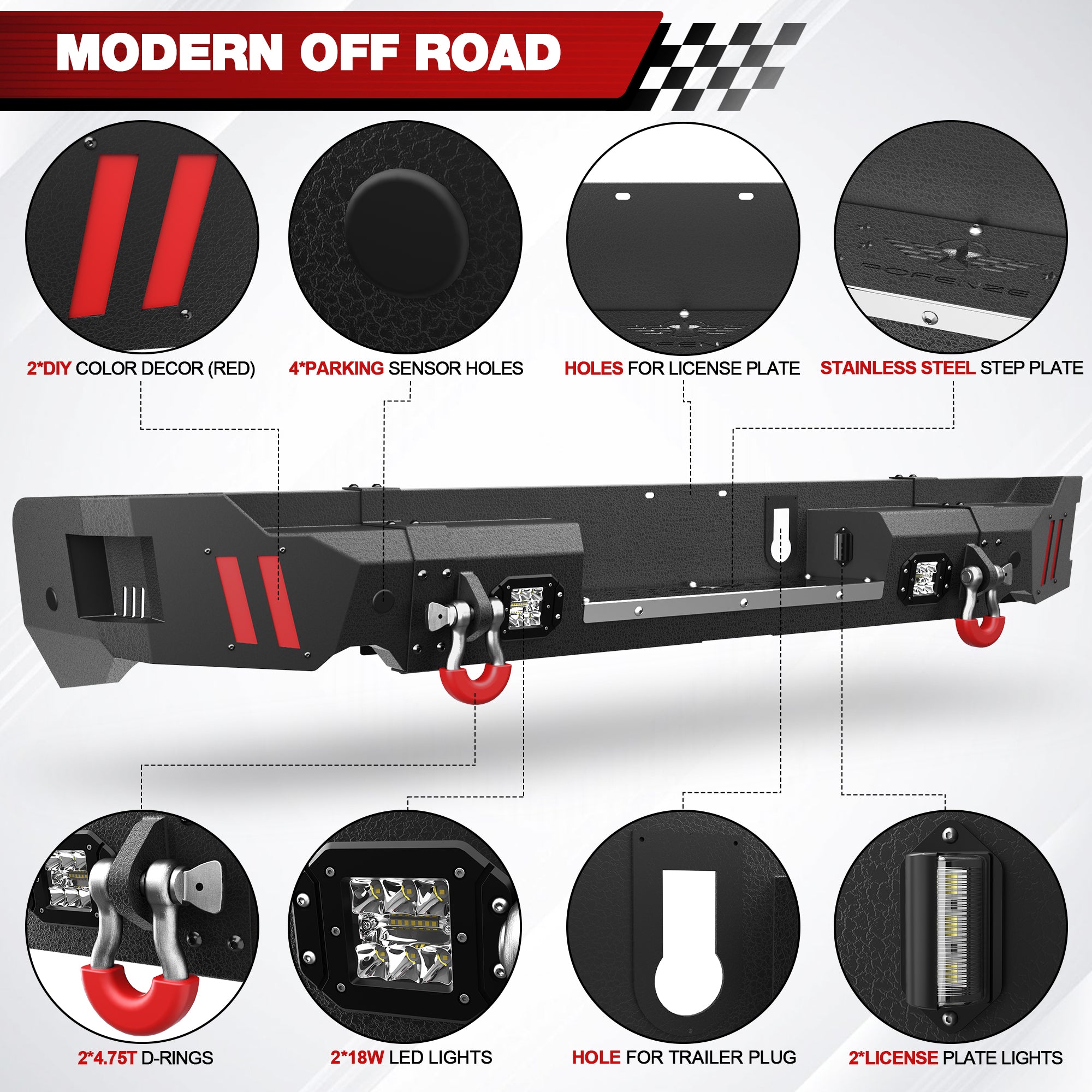 Ram Rear Bumper for 2019 2020 2021 2022 2023 2024 2025 Ram 1500 Solid Steel Offroad Back Bumper w/LED Lights (Exclude Classic) - Longsunmotor