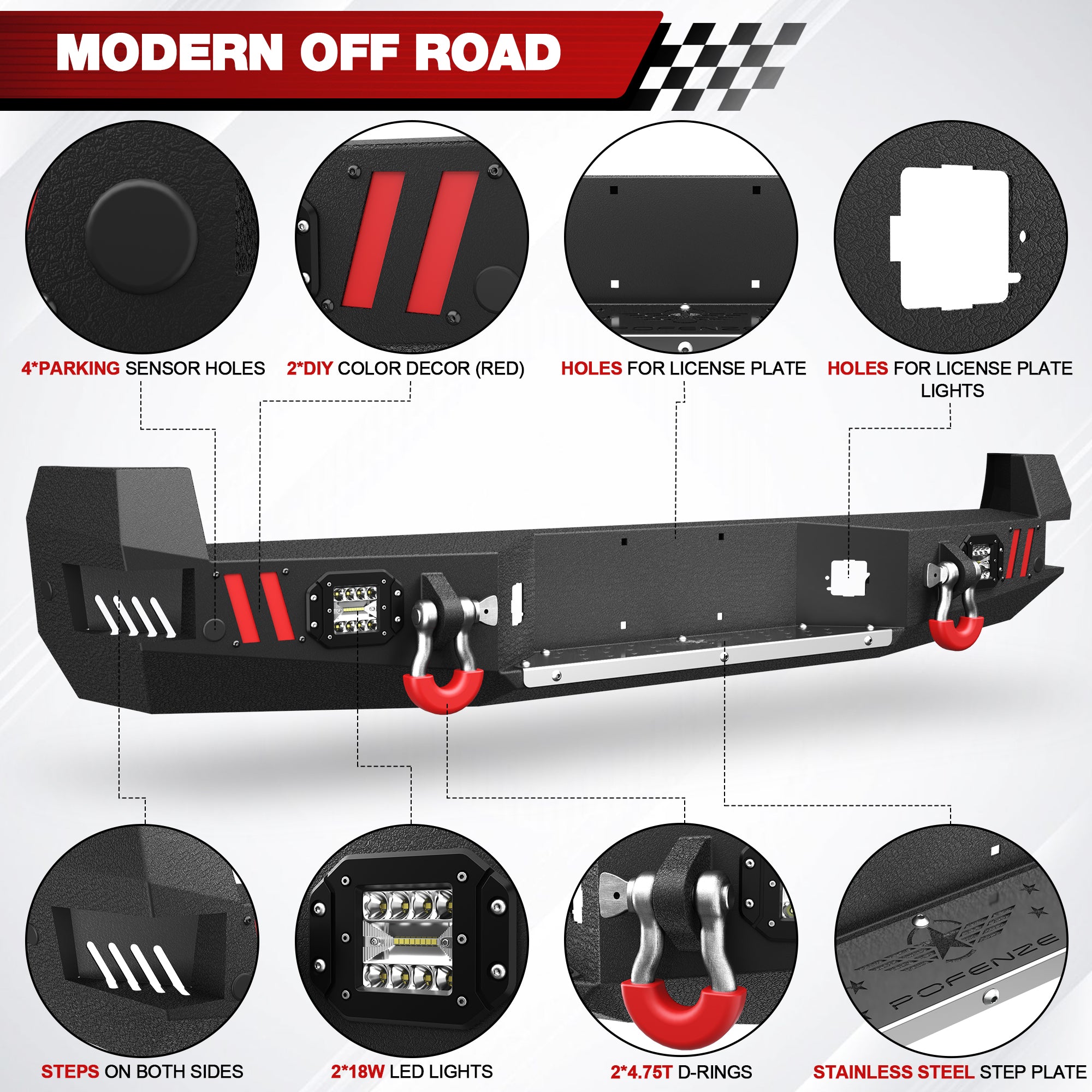 For 2005-2015 Toyota Tacoma 2nd Gen Steel New Rear Bumper With Lights & D-Rings (Black Texture)