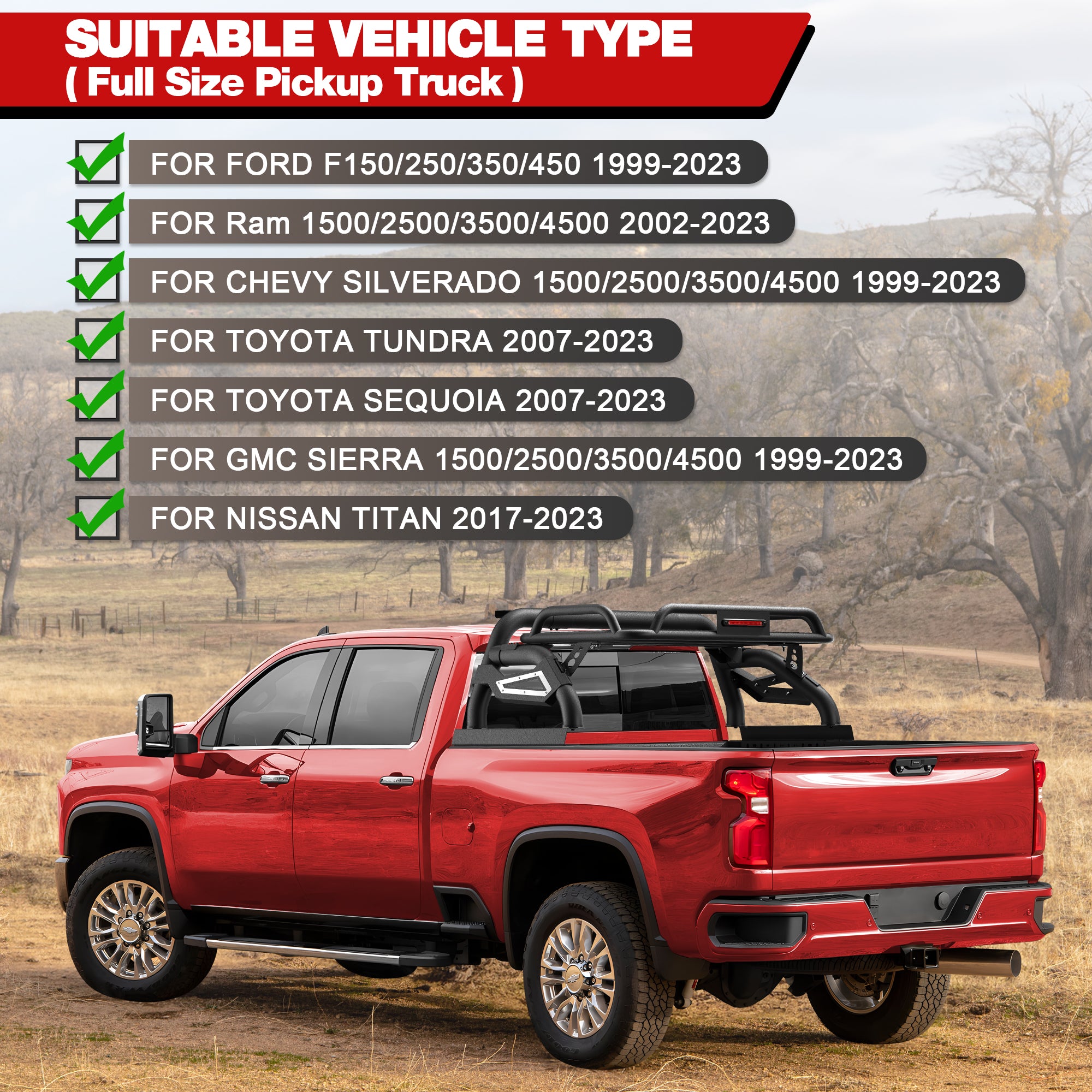 Longsun Truck Roll Bar with Basket for Full - Size Pickup Truck Headache Racks Compatible with Ford F150/250/350, Silverado, Sierra, Ram, Titan, Tundra - Longsunmotor