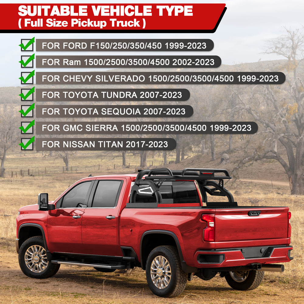 Longsun Truck Roll Bar with Basket for Full - Size Pickup Truck Headache Racks Compatible with Ford F150/250/350, Silverado, Sierra, Ram, Titan, Tundra - Longsunmotor