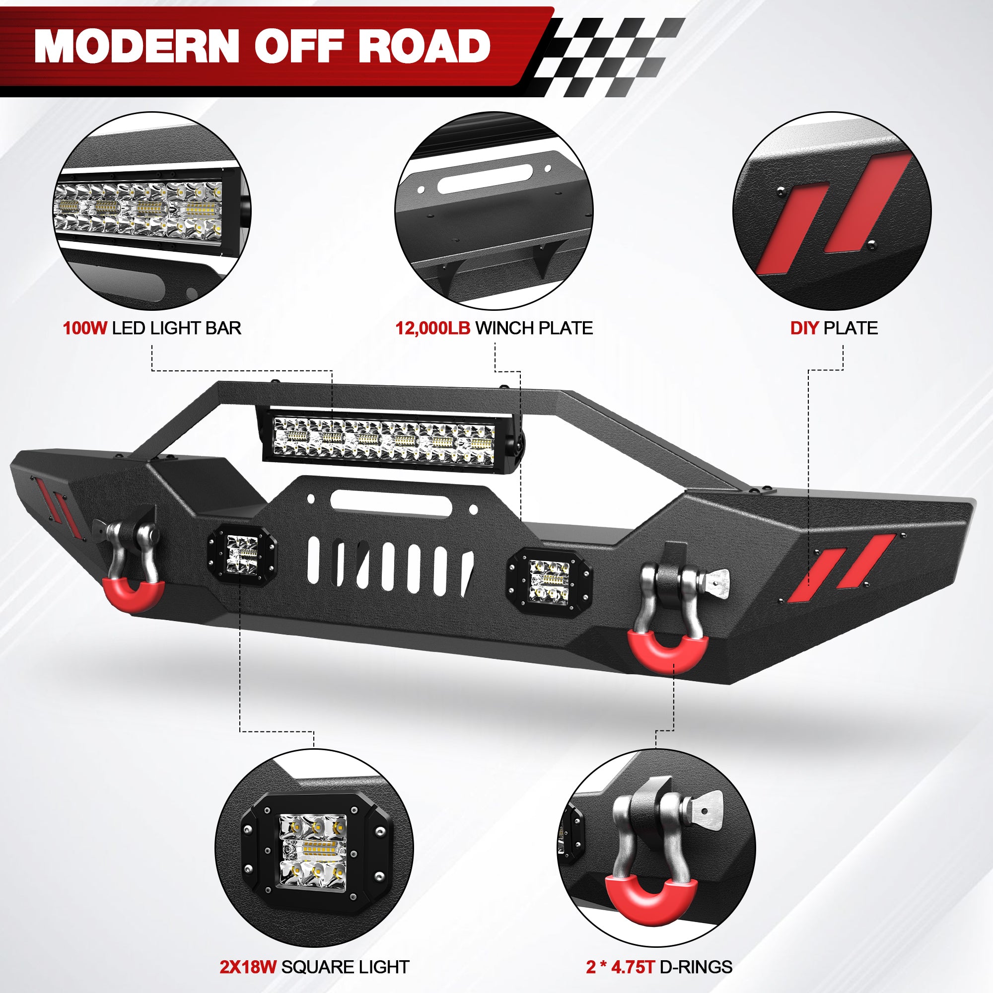 Front Bumper Compatible with 2007 - 2018 Jeep Wrangler JK JKU, 2019 - 2024 Jeep Wrangler JL/JLU & 2020 - 2024 Jeep Gladiator JT W/Winch Plate & Lights D - rings - Longsunmotor