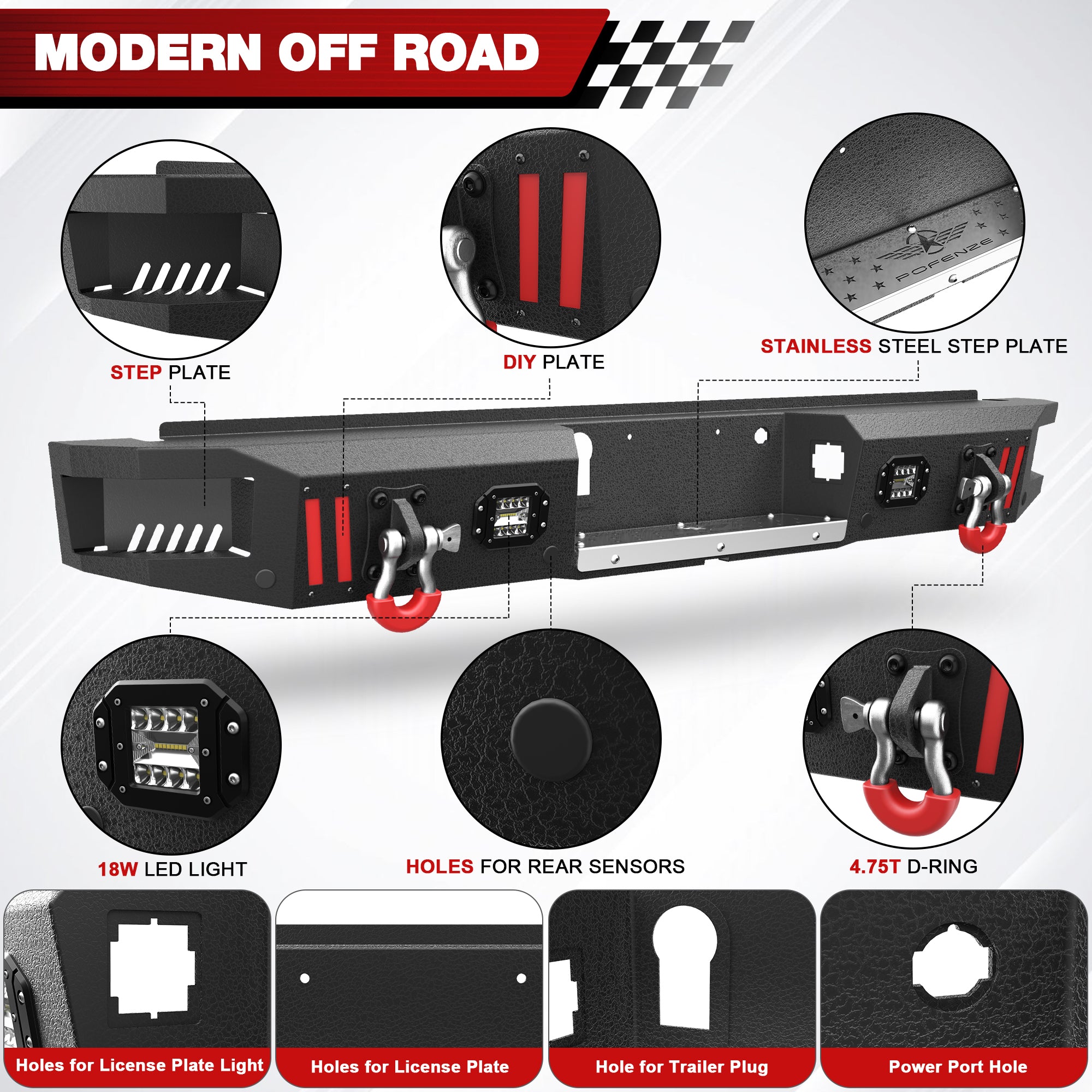 F150 Rear Bumpers Compatible with 2015 - 2025 Ford F150 F - 150 with Sensor Holes, LED Lights & D - rings - Longsunmotor