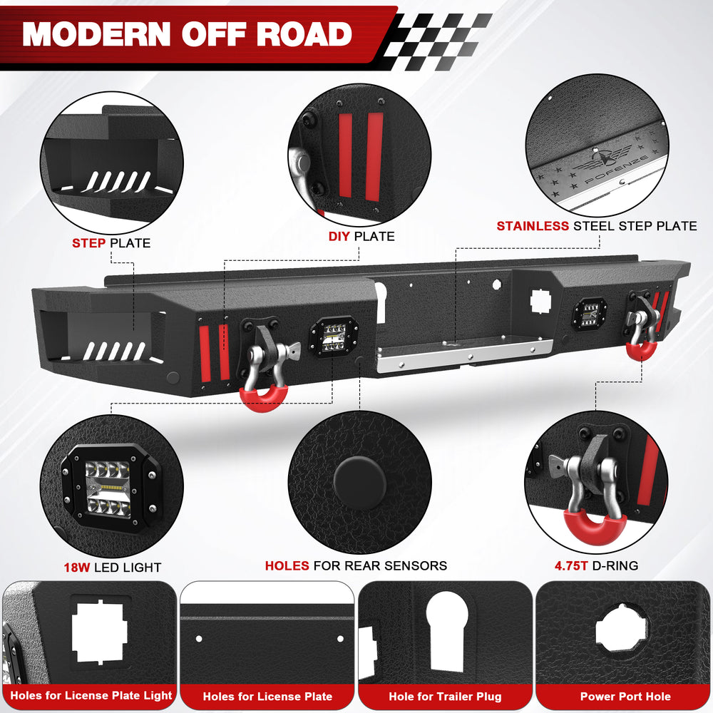 F150 Rear Bumpers Compatible with 2015 - 2025 Ford F150 F - 150 with Sensor Holes, LED Lights & D - rings - Longsunmotor