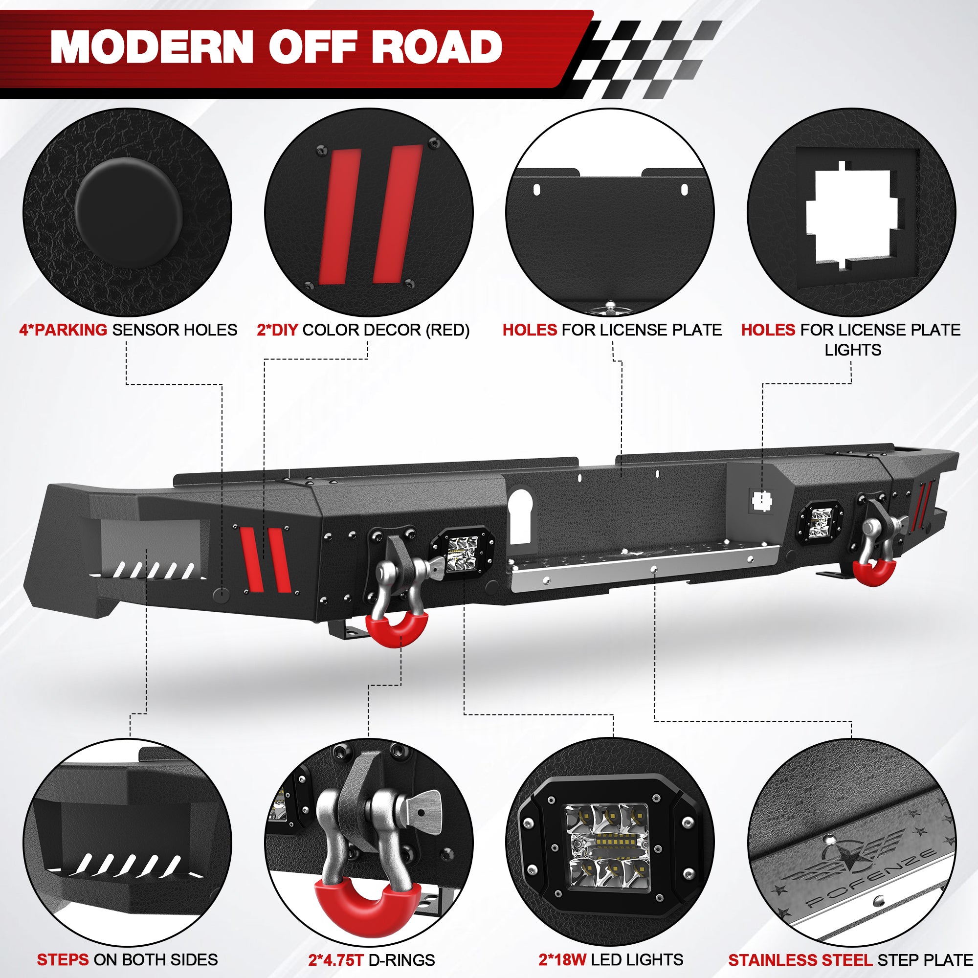 Rear Bumpers Compatible with 2014 2015 2016 2017 2018 2019 2020 2021 Toyota Tundra with Sensor Holes, LED Lights & D-rings