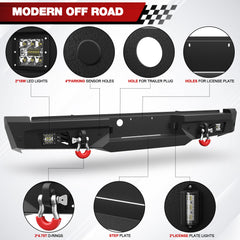 For 1999-2016 F250 Rear Bumper for 1999-2016 Ford F250 F350 Pickup Trucks Heavy Duty Steel Offroad Bumper with LED Lights and D-Ring Mounts