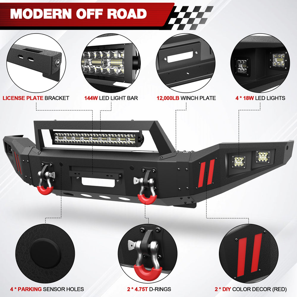 For 2007 - 2013 Toyota Tundra and 2011 - 2016 Toyota Sequoia Steel Front Bumper With Winch Plate&Lights (Black Texture) - Longsunmotor