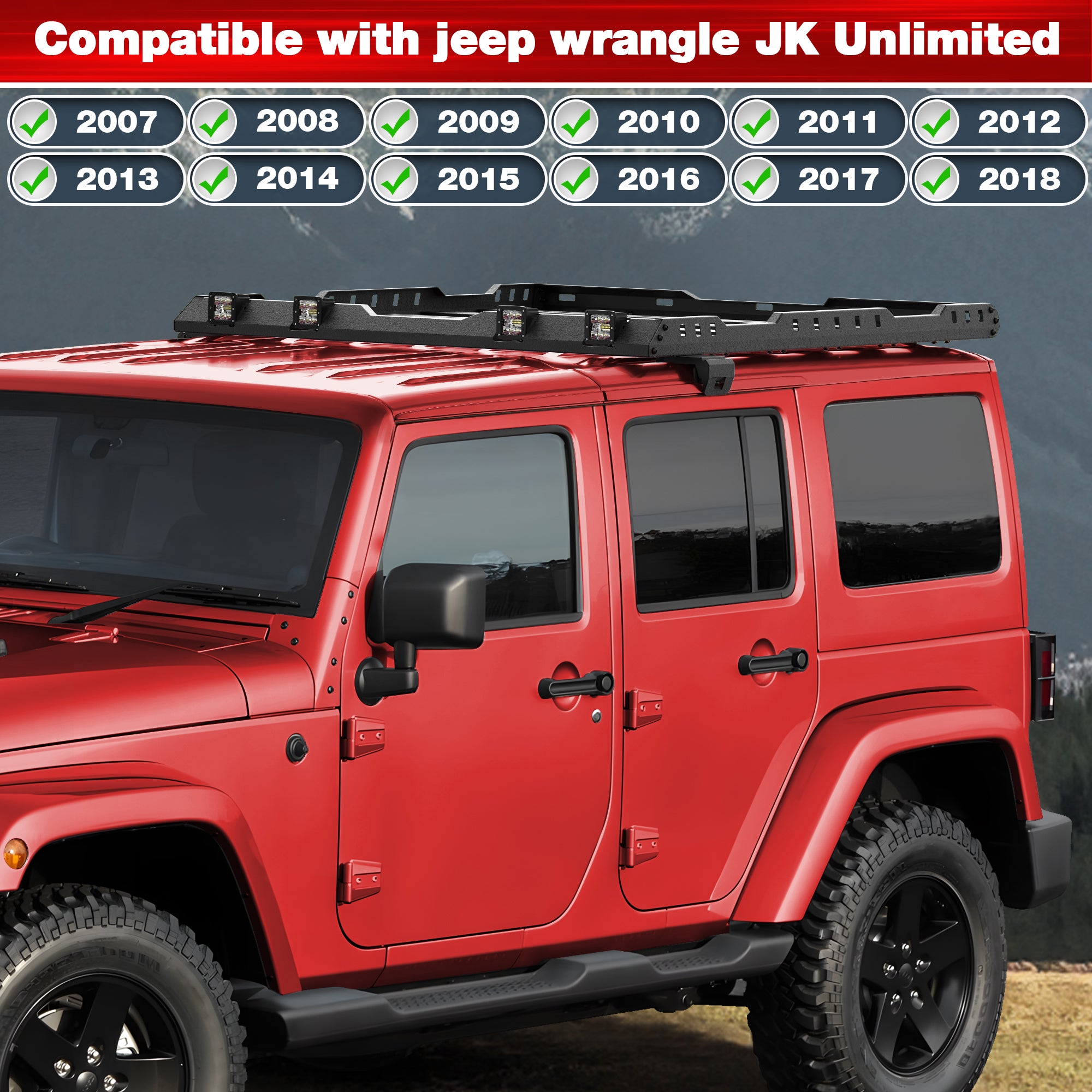 Roof Rack Cargo Basket with LED Light Bar Compatible with 2007-2018 Wrangler JK Unlimited Luggage Rooftop Storage Carrier