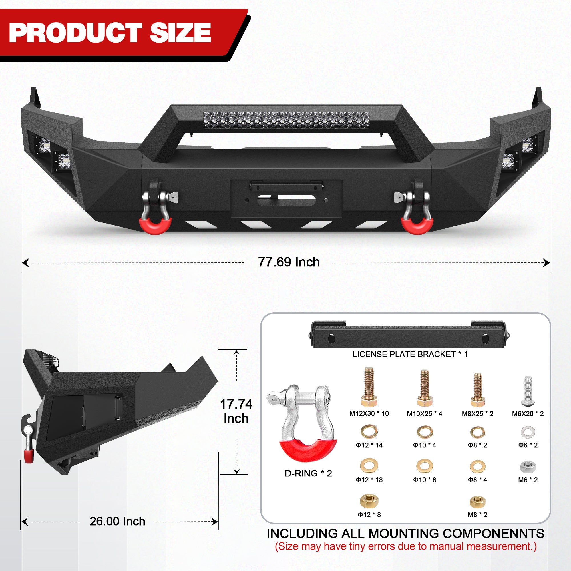 for Ram 1500 Front Bumper Compatible with 2009 2010 2011 2012 Dodge Ram 1500 Pickup Truck Bumper with Winch Plate, Sensor Holes & D-rings, Black
