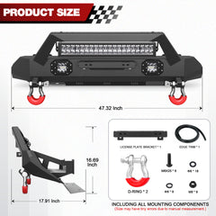 Front Stubby Bumper Compatible for 2016 2017 2018 2019 2020 2021 2022 2023 Toyota Tacoma 3rd Gen with Winch Plate, Skid Plate, LED Lights & D-rings