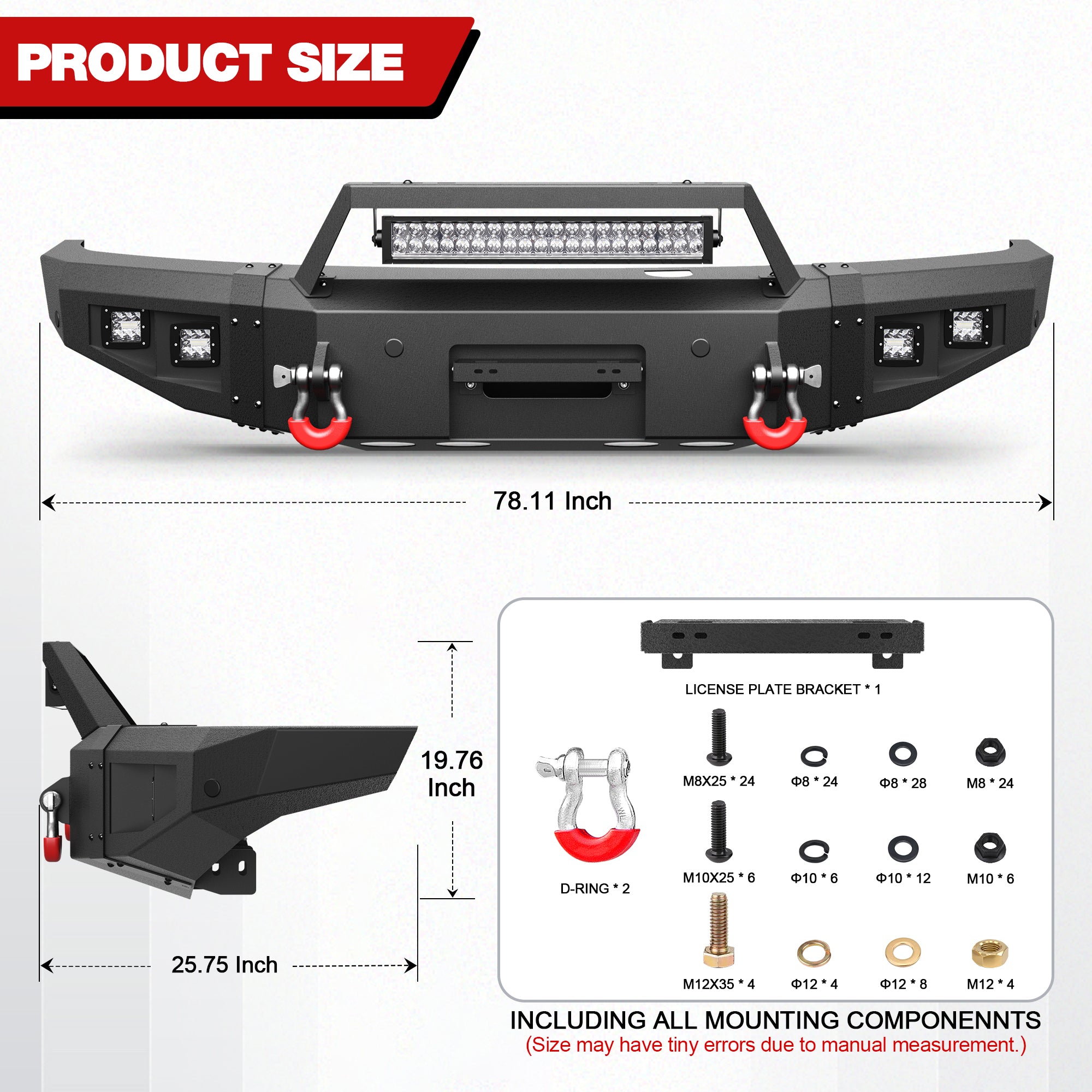 for F250 F350 F450 Front Bumper Compatible with 2017 2018 2019 2020 2021 2022 Ford F250 F350 F450 Super Duty with Winch Plate, LED Lights & D-rings, License Plate Bracket, Sensor Holes (Textured Black)