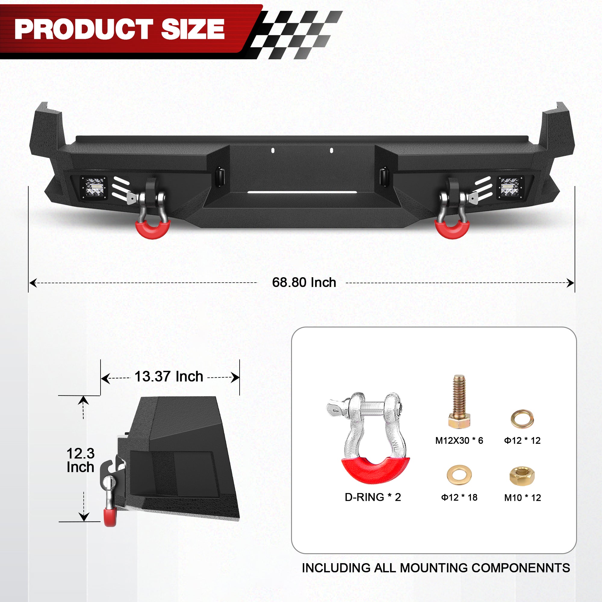 For 2005-2015 Toyota Tacoma Steel New Rear Bumper With Lights&D-Rings（Black Texture）