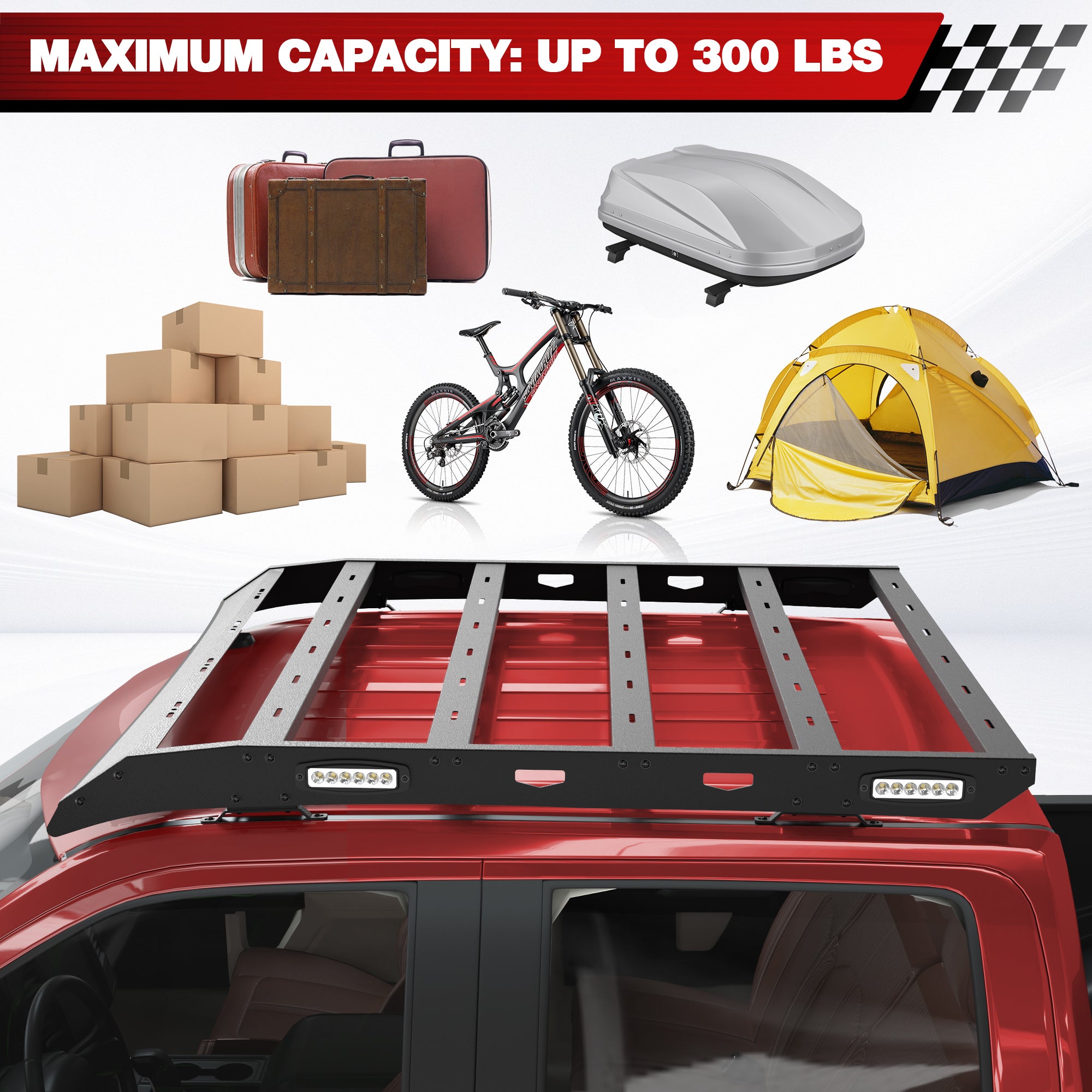 F150 Roof Rack Top Cargo Carrier Luggage Basket for Ford F-150 2009 2010 2011 2012 2013 2014 Pickup Truck with Side LED Lights